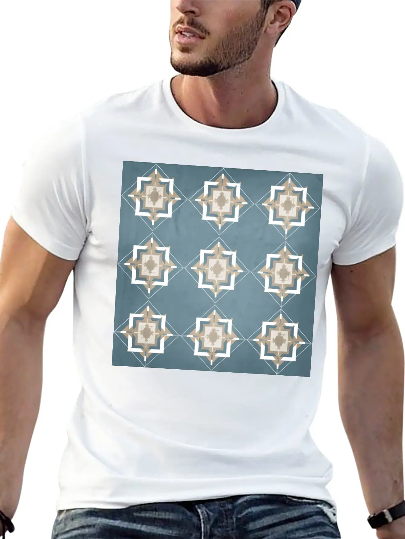 Teal And Taupe Mosaic Pattern Unisex Short Sleeve Soft Cotton T-Shirt – Casual Everyday Wear