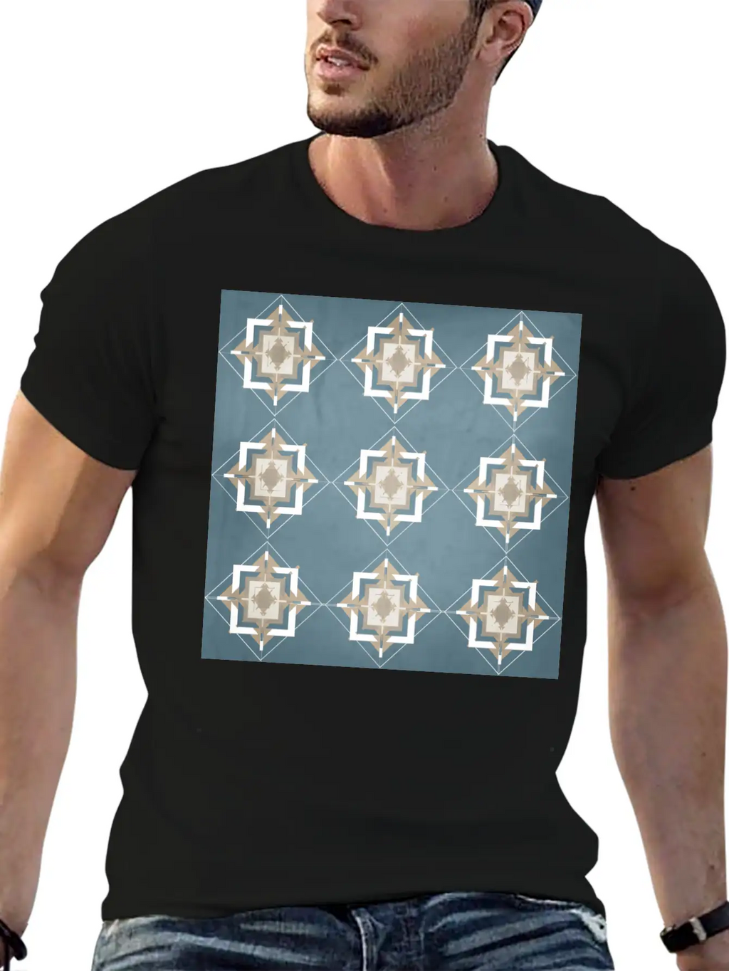 Teal And Taupe Mosaic Pattern Unisex Short Sleeve Soft Cotton T-Shirt – Casual Everyday Wear