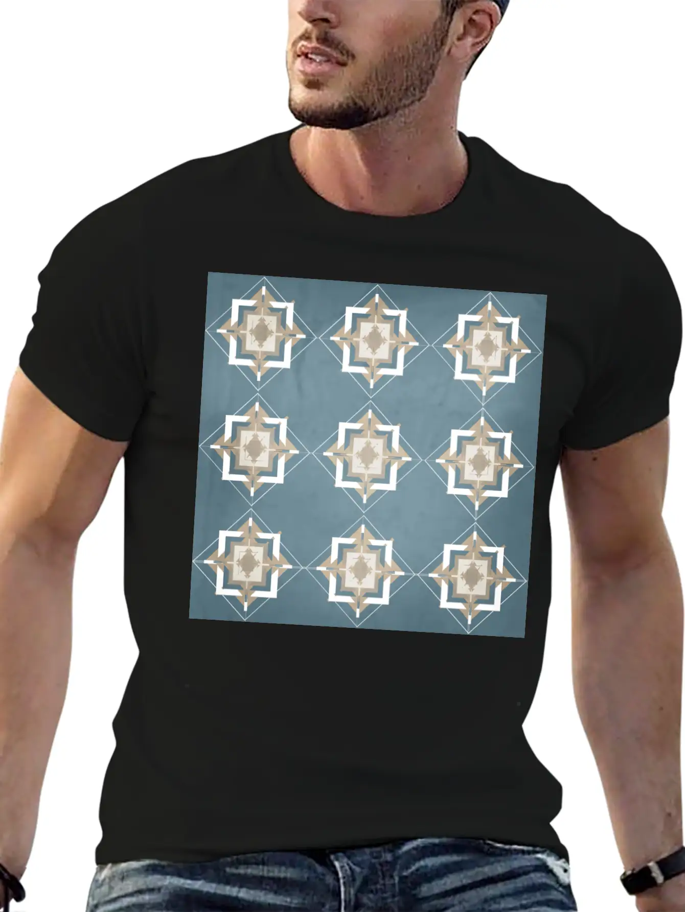 Teal And Taupe Mosaic Pattern Unisex Short Sleeve Soft Cotton T-Shirt – Casual Everyday Wear