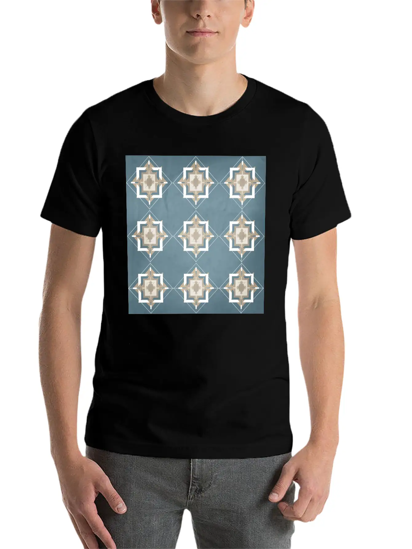 Teal And Taupe Mosaic Pattern Unisex Short Sleeve Soft Cotton T-Shirt – Casual Everyday Wear