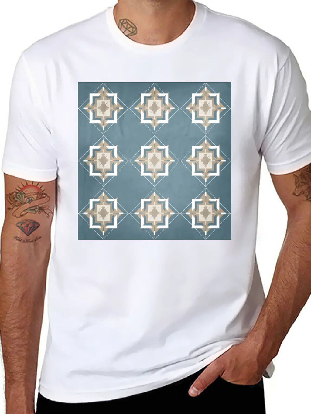 Teal And Taupe Mosaic Pattern Unisex Short Sleeve Soft Cotton T-Shirt – Casual Everyday Wear