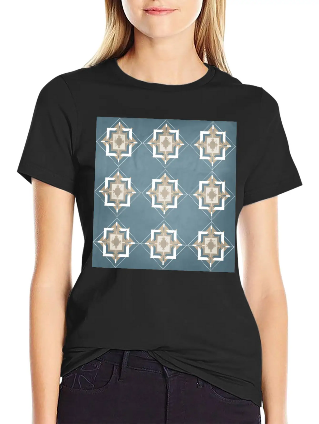 Teal And Taupe Mosaic Pattern Unisex Short Sleeve Soft Cotton T-Shirt – Casual Everyday Wear