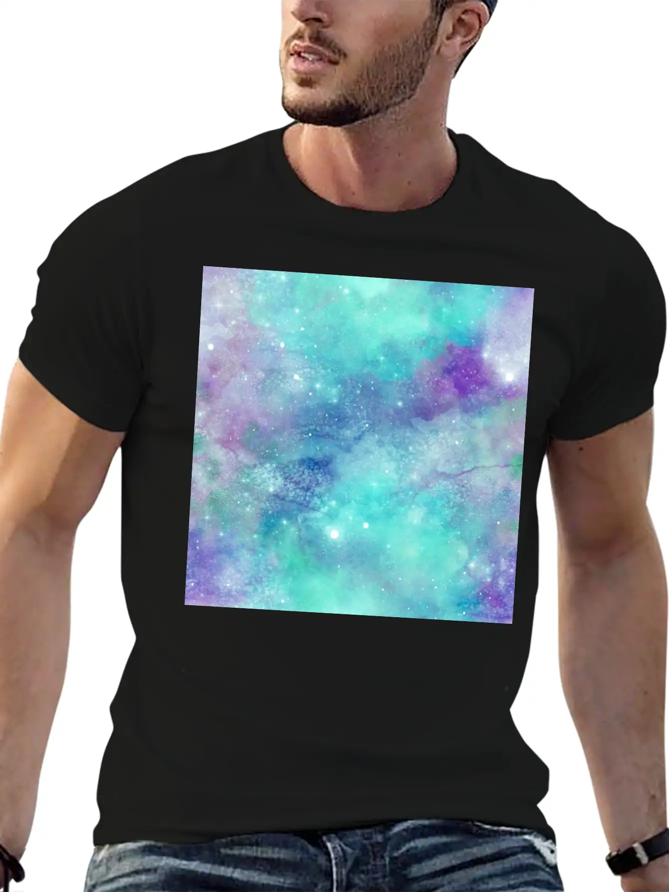 Teal Galaxy Painting Breathable Soft Cotton T-Shirt – Timeless Casual Look