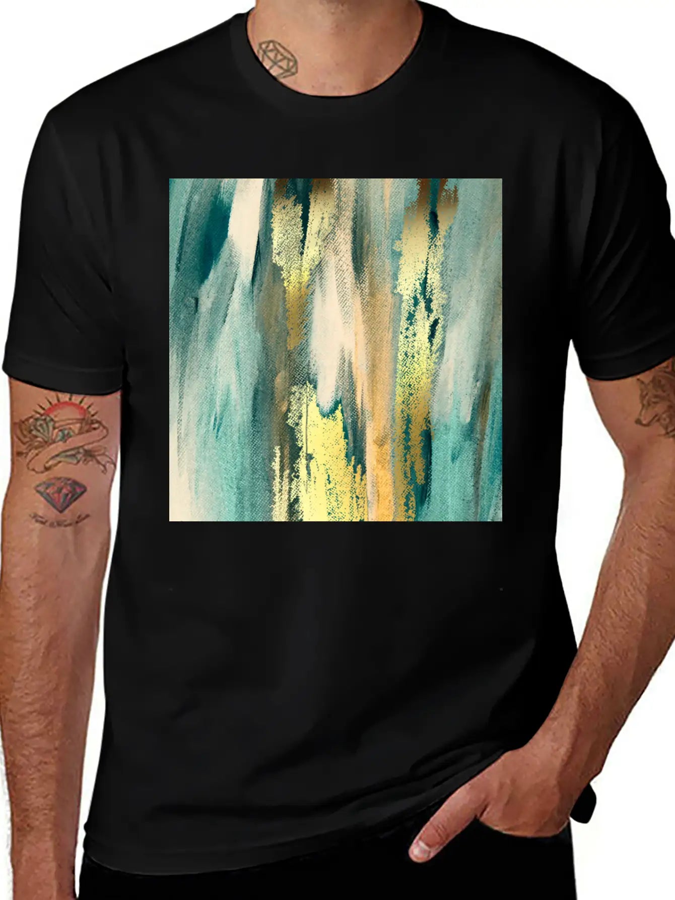 Teal Paint Gold Brushstrokes Abstract Texture Classic Fit Graphic Tee For Daily Comfort – Unisex Cotton Shirt