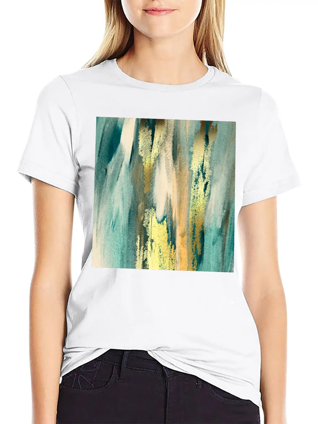 Teal Paint Gold Brushstrokes Abstract Texture Classic Fit Graphic Tee For Daily Comfort – Unisex Cotton Shirt