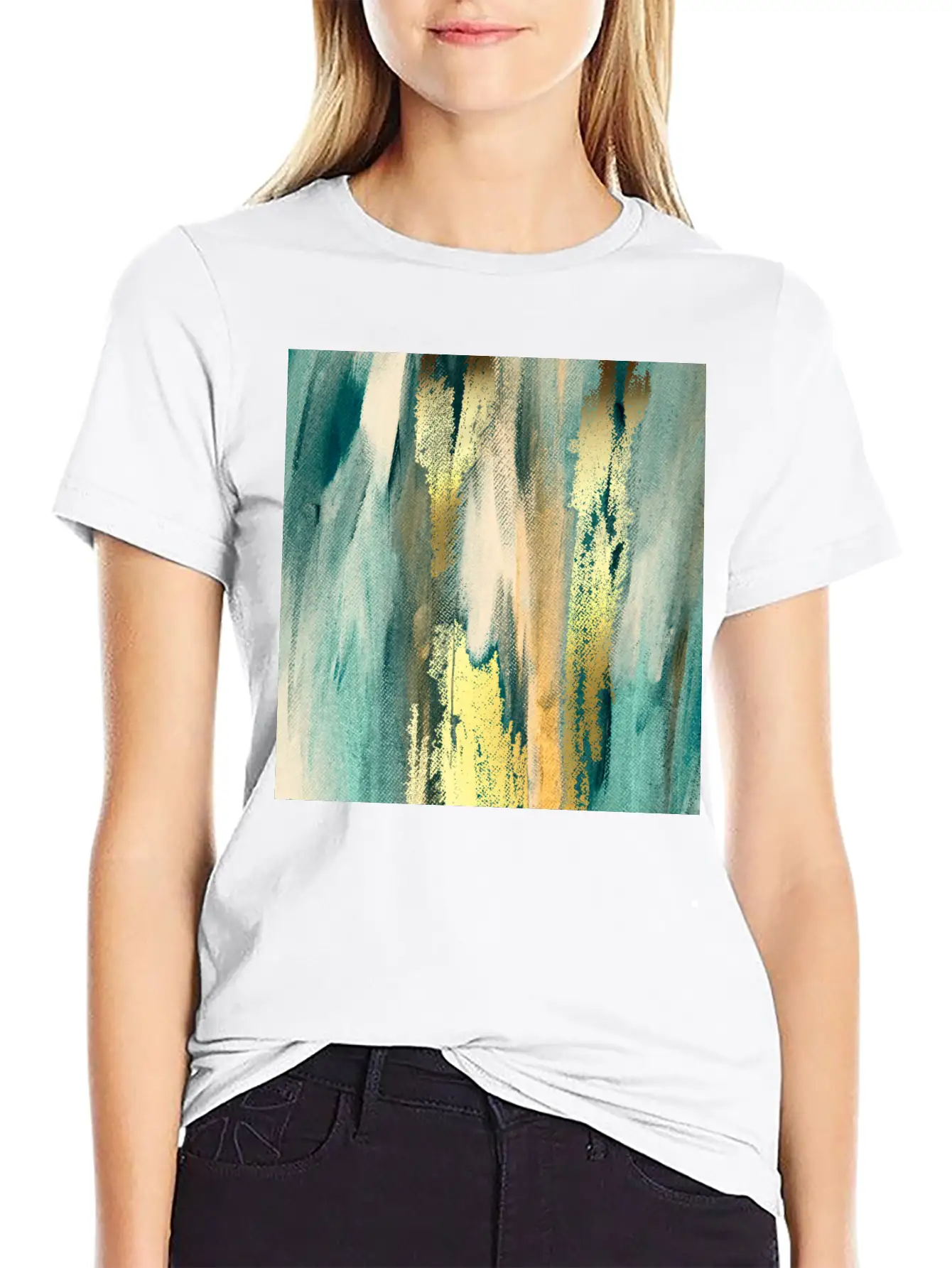 Teal Paint Gold Brushstrokes Abstract Texture Classic Fit Graphic Tee For Daily Comfort – Unisex Cotton Shirt