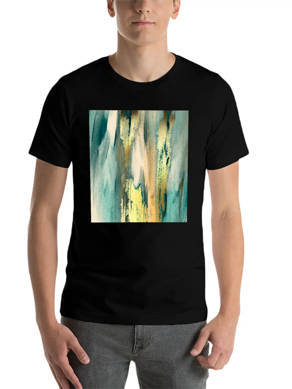 Teal Paint Gold Brushstrokes Abstract Texture Classic Fit Graphic Tee For Daily Comfort – Unisex Cotton Shirt