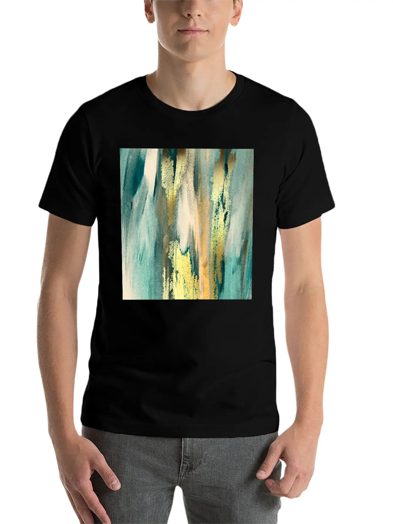 Teal Paint Gold Brushstrokes Abstract Texture Classic Fit Graphic Tee For Daily Comfort – Unisex Cotton Shirt