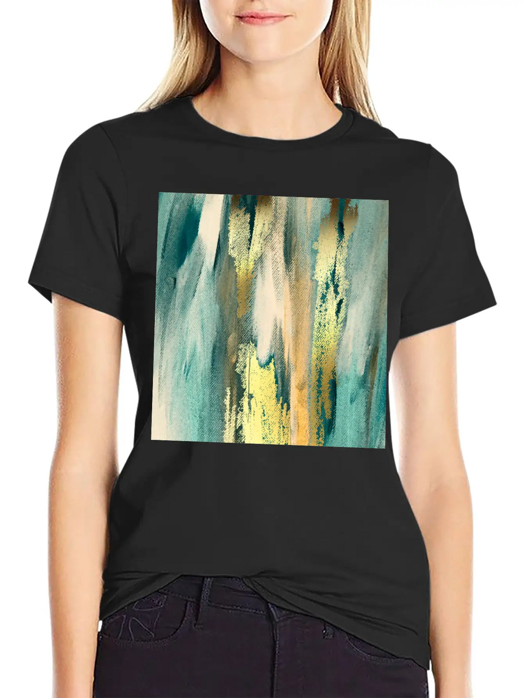 Teal Paint Gold Brushstrokes Abstract Texture Classic Fit Graphic Tee For Daily Comfort – Unisex Cotton Shirt