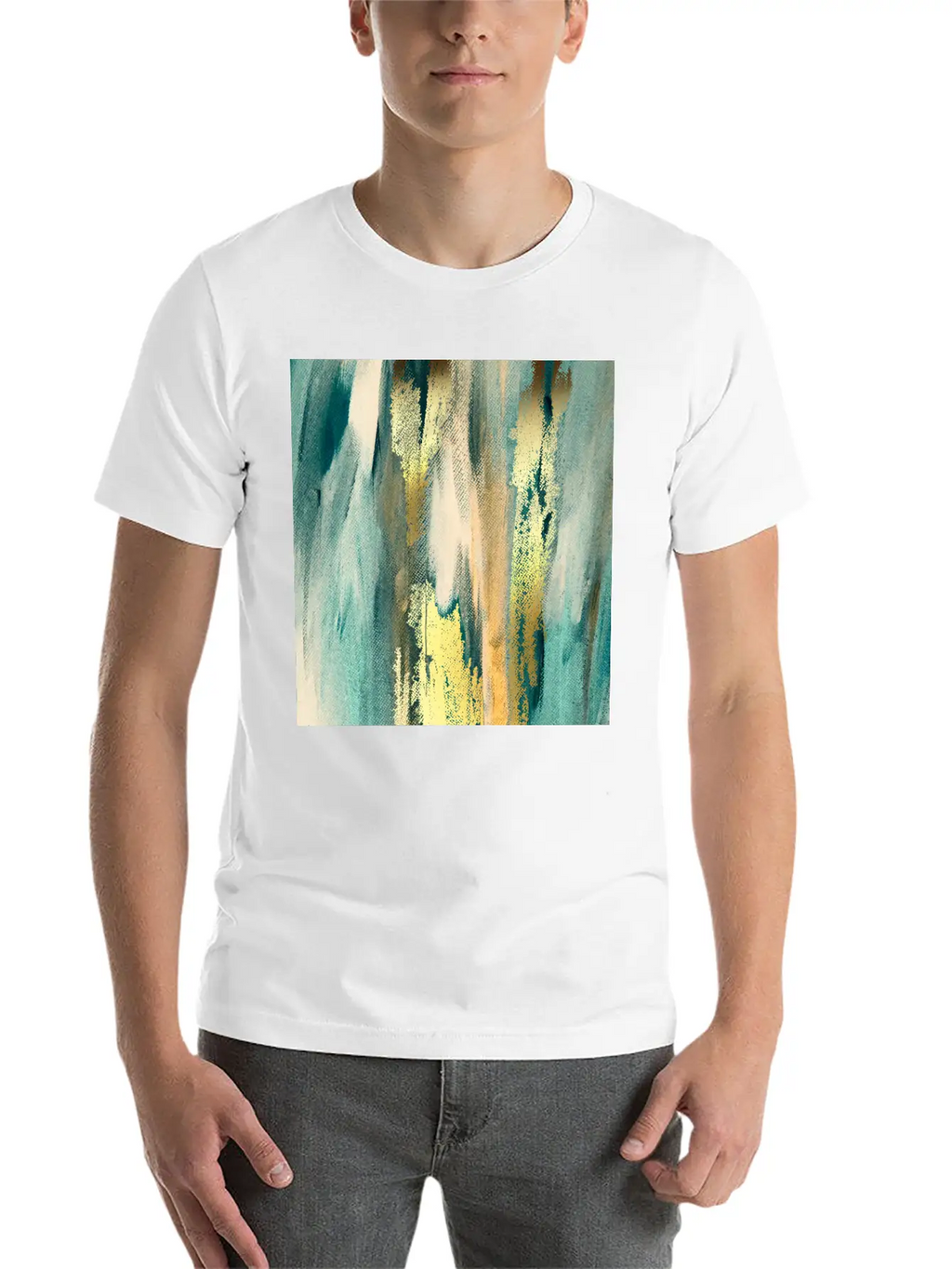 Teal Paint Gold Brushstrokes Abstract Texture Classic Fit Graphic Tee For Daily Comfort – Unisex Cotton Shirt