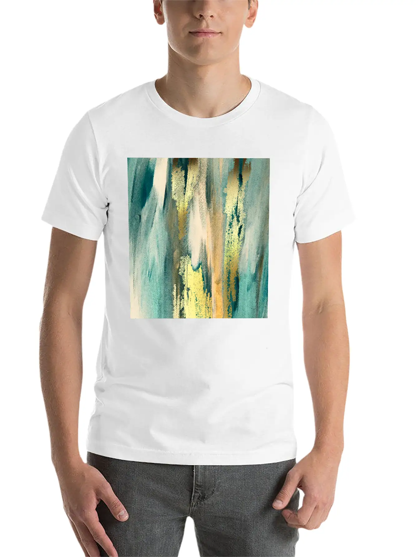 Teal Paint Gold Brushstrokes Abstract Texture Classic Fit Graphic Tee For Daily Comfort – Unisex Cotton Shirt