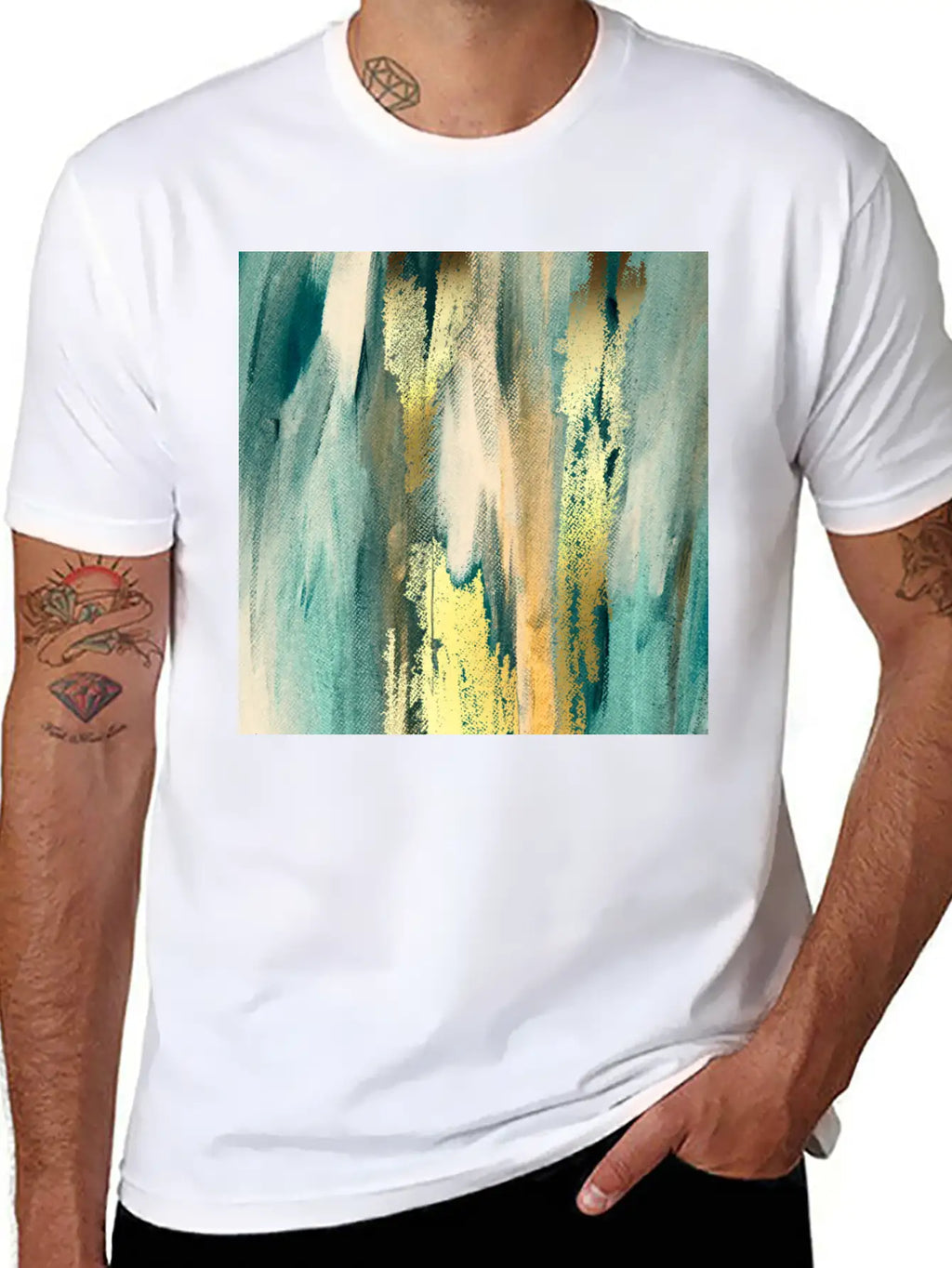 Teal Paint Gold Brushstrokes Abstract Texture Classic Fit Graphic Tee For Daily Comfort – Unisex Cotton Shirt