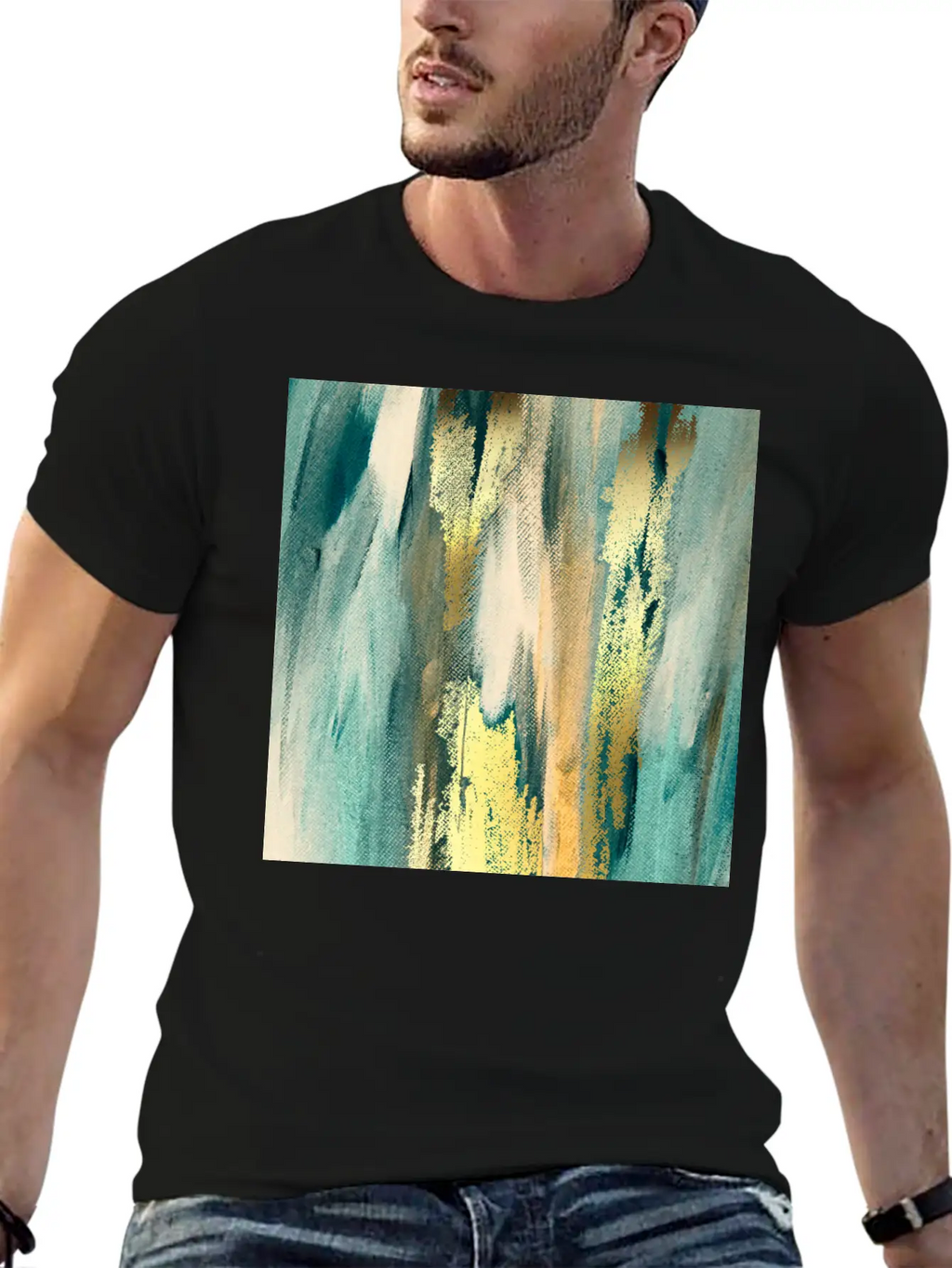 Teal Paint Gold Brushstrokes Abstract Texture Classic Fit Graphic Tee For Daily Comfort – Unisex Cotton Shirt