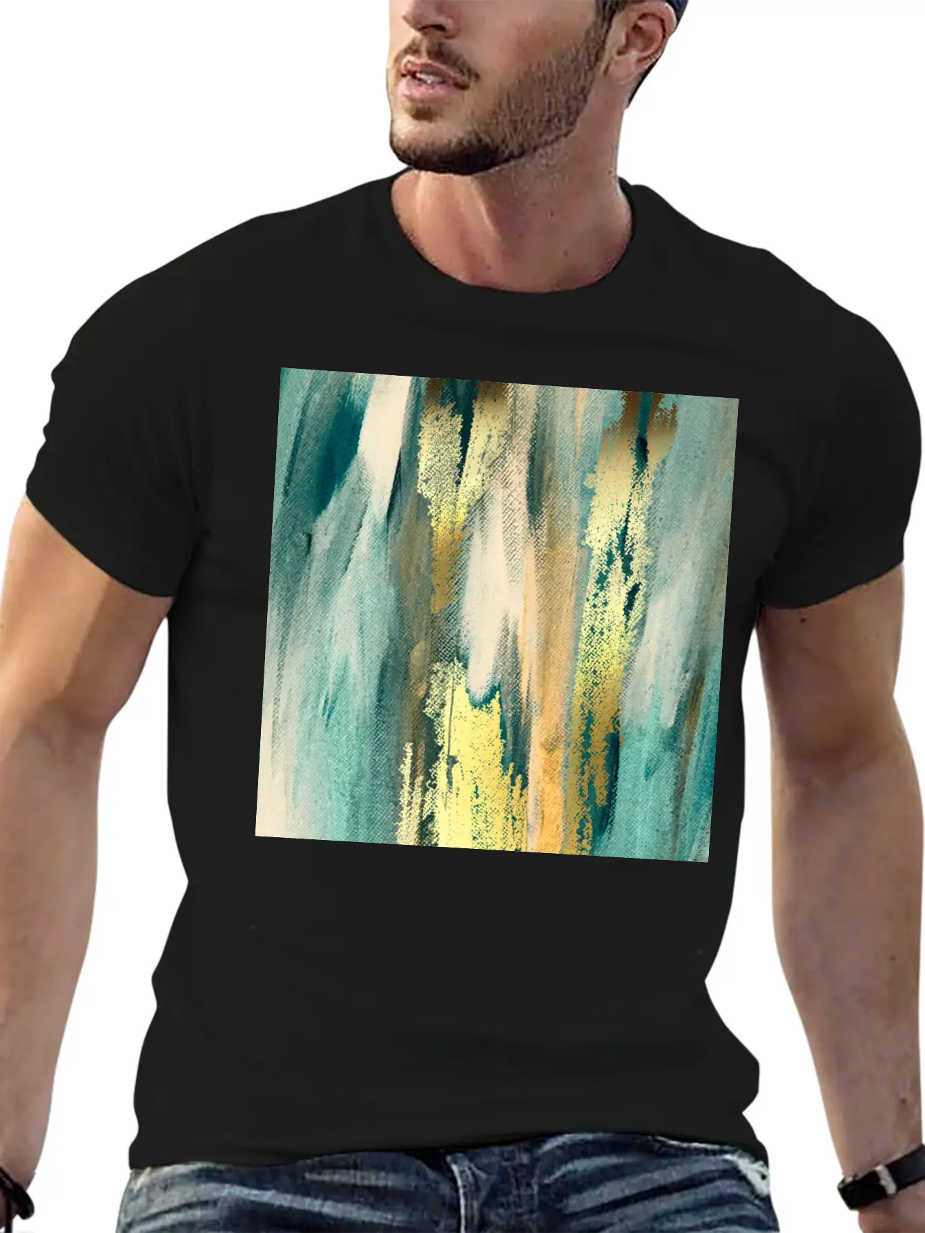 Teal Paint Gold Brushstrokes Abstract Texture Classic Fit Graphic Tee For Daily Comfort – Unisex Cotton Shirt