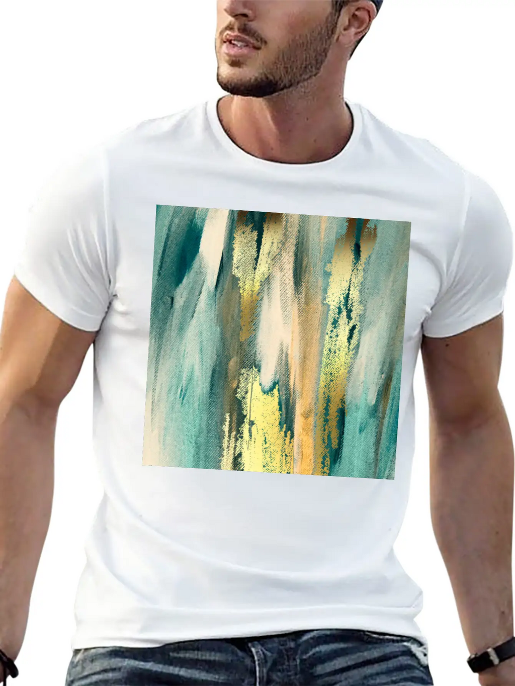 Teal Paint Gold Brushstrokes Abstract Texture Classic Fit Graphic Tee For Daily Comfort – Unisex Cotton Shirt