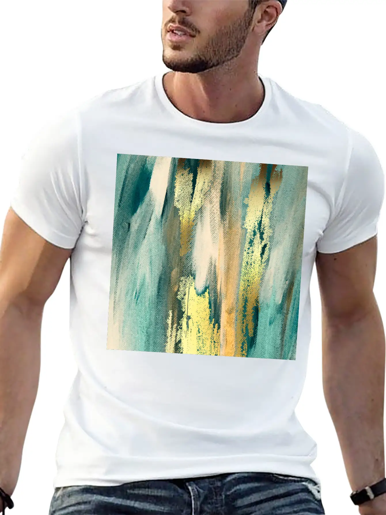 Teal Paint Gold Brushstrokes Abstract Texture Classic Fit Graphic Tee For Daily Comfort – Unisex Cotton Shirt