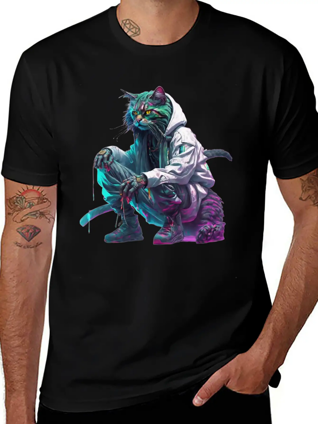 Techno Cosmic Cat Stylish Everyday T-Shirt – Unisex Basic Cotton Tee