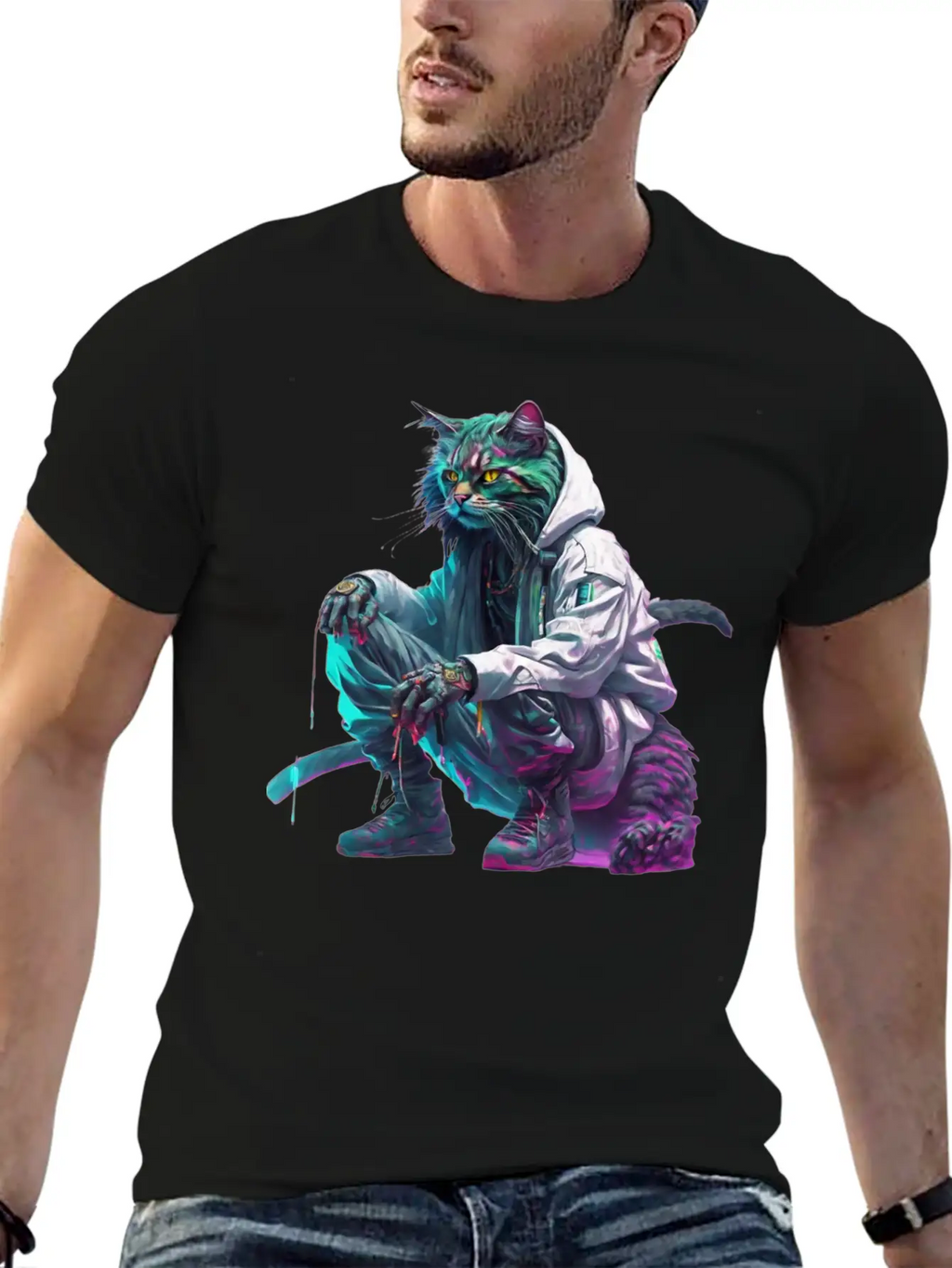 Techno Cosmic Cat Stylish Everyday T-Shirt – Unisex Basic Cotton Tee