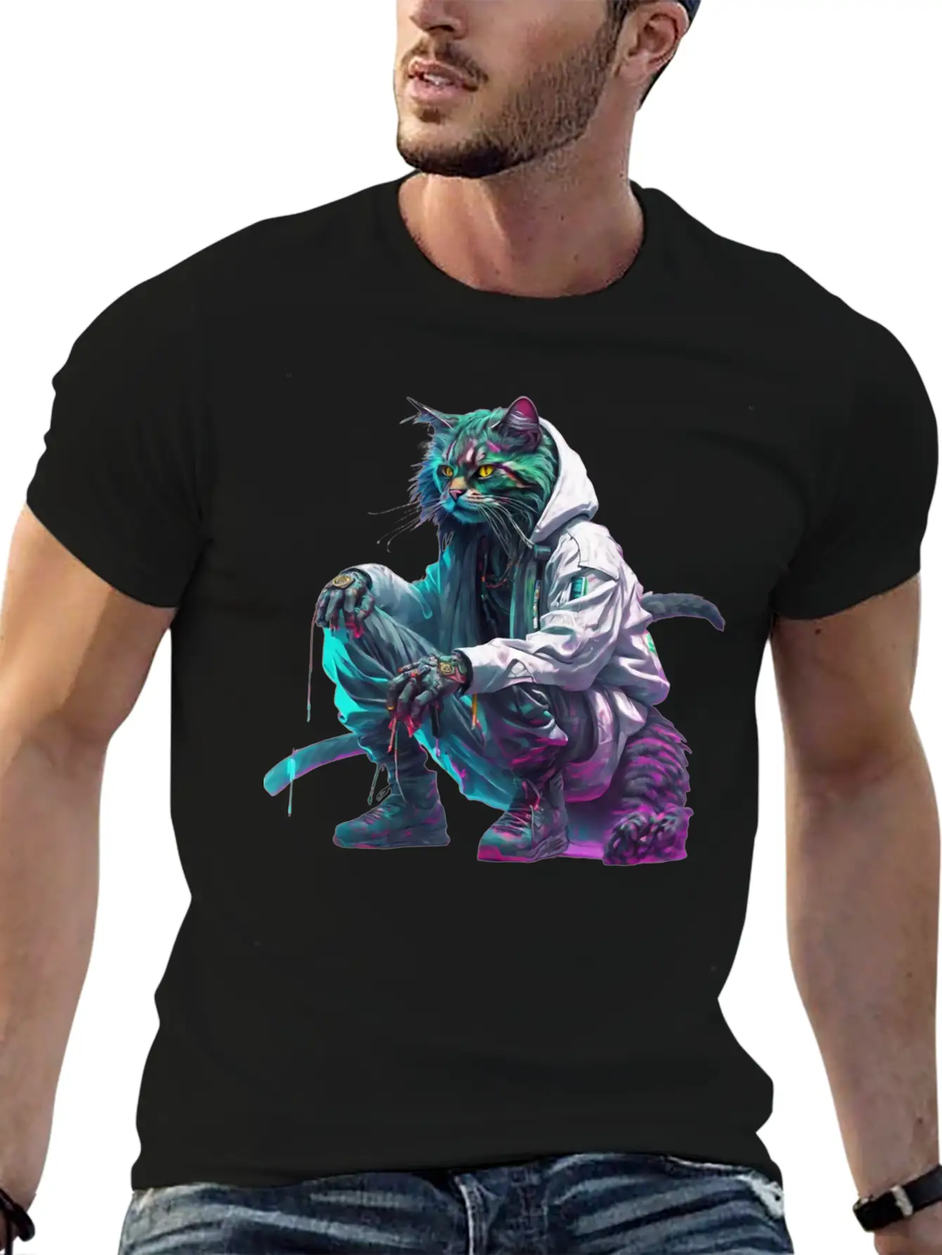 Techno Cosmic Cat Stylish Everyday T-Shirt – Unisex Basic Cotton Tee