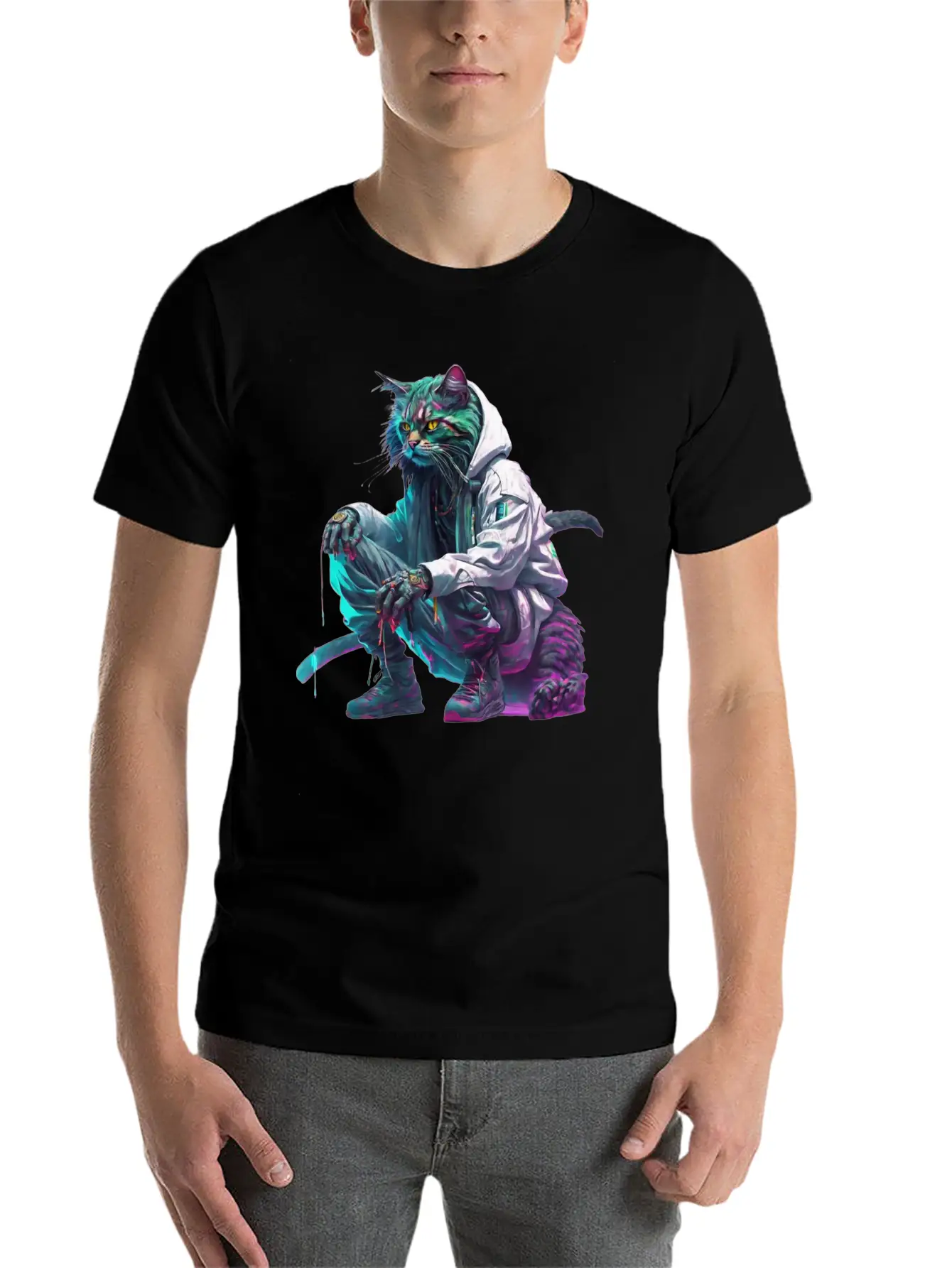 Techno Cosmic Cat Stylish Everyday T-Shirt – Unisex Basic Cotton Tee