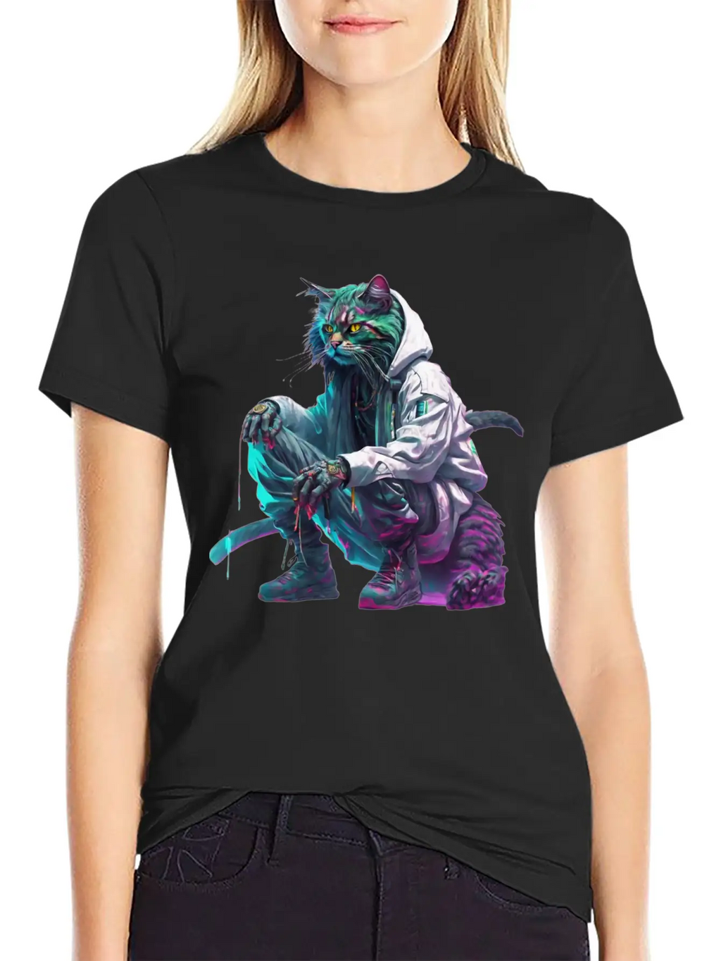 Techno Cosmic Cat Stylish Everyday T-Shirt – Unisex Basic Cotton Tee