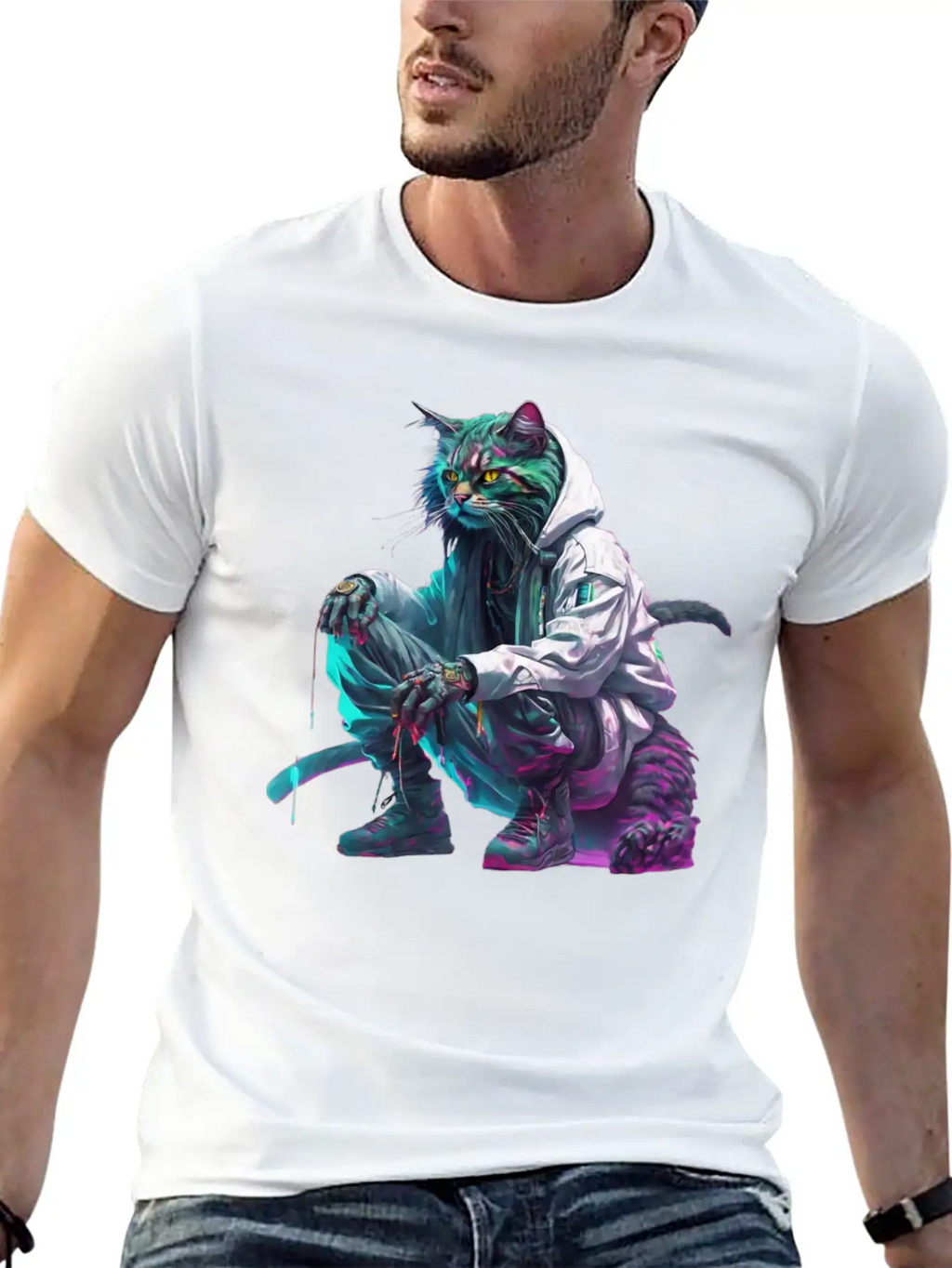Techno Cosmic Cat Stylish Everyday T-Shirt – Unisex Basic Cotton Tee