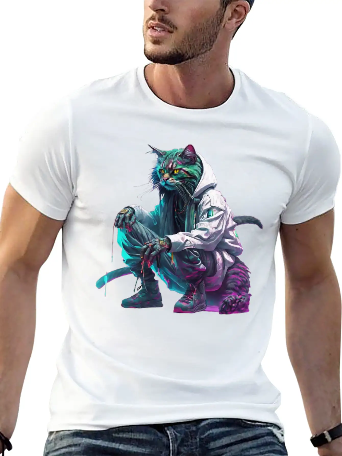 Techno Cosmic Cat Stylish Everyday T-Shirt – Unisex Basic Cotton Tee