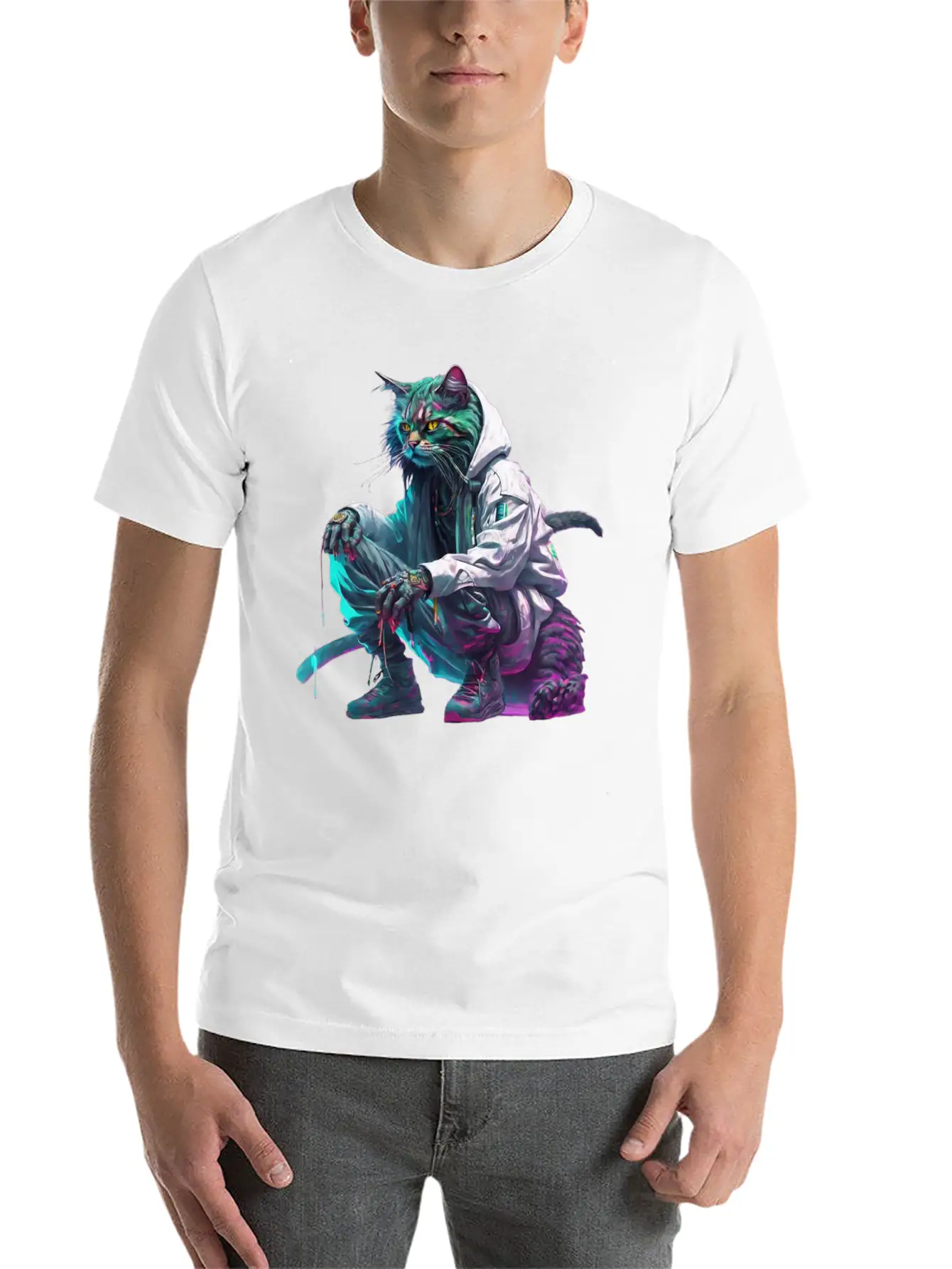 Techno Cosmic Cat Stylish Everyday T-Shirt – Unisex Basic Cotton Tee