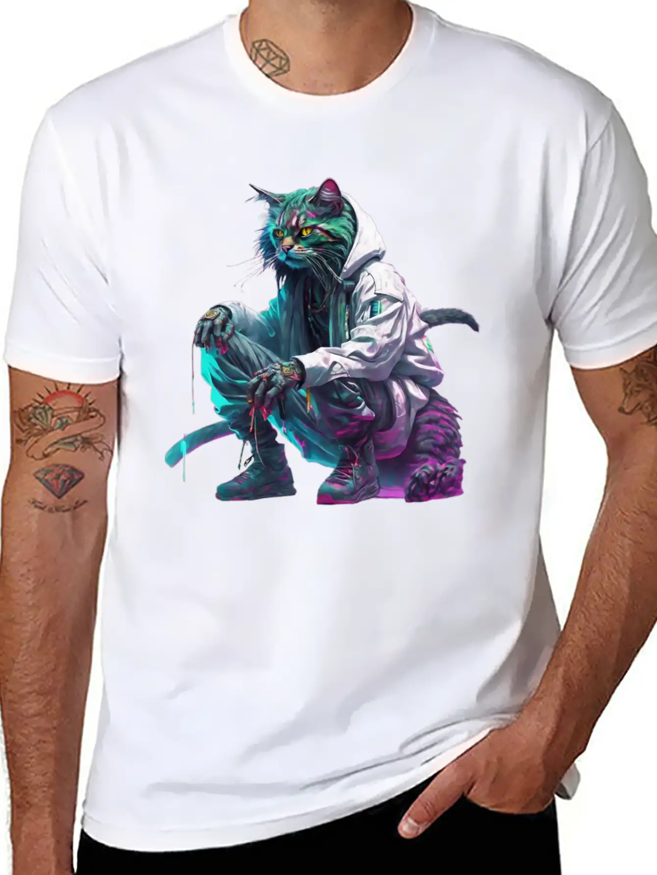 Techno Cosmic Cat Stylish Everyday T-Shirt – Unisex Basic Cotton Tee