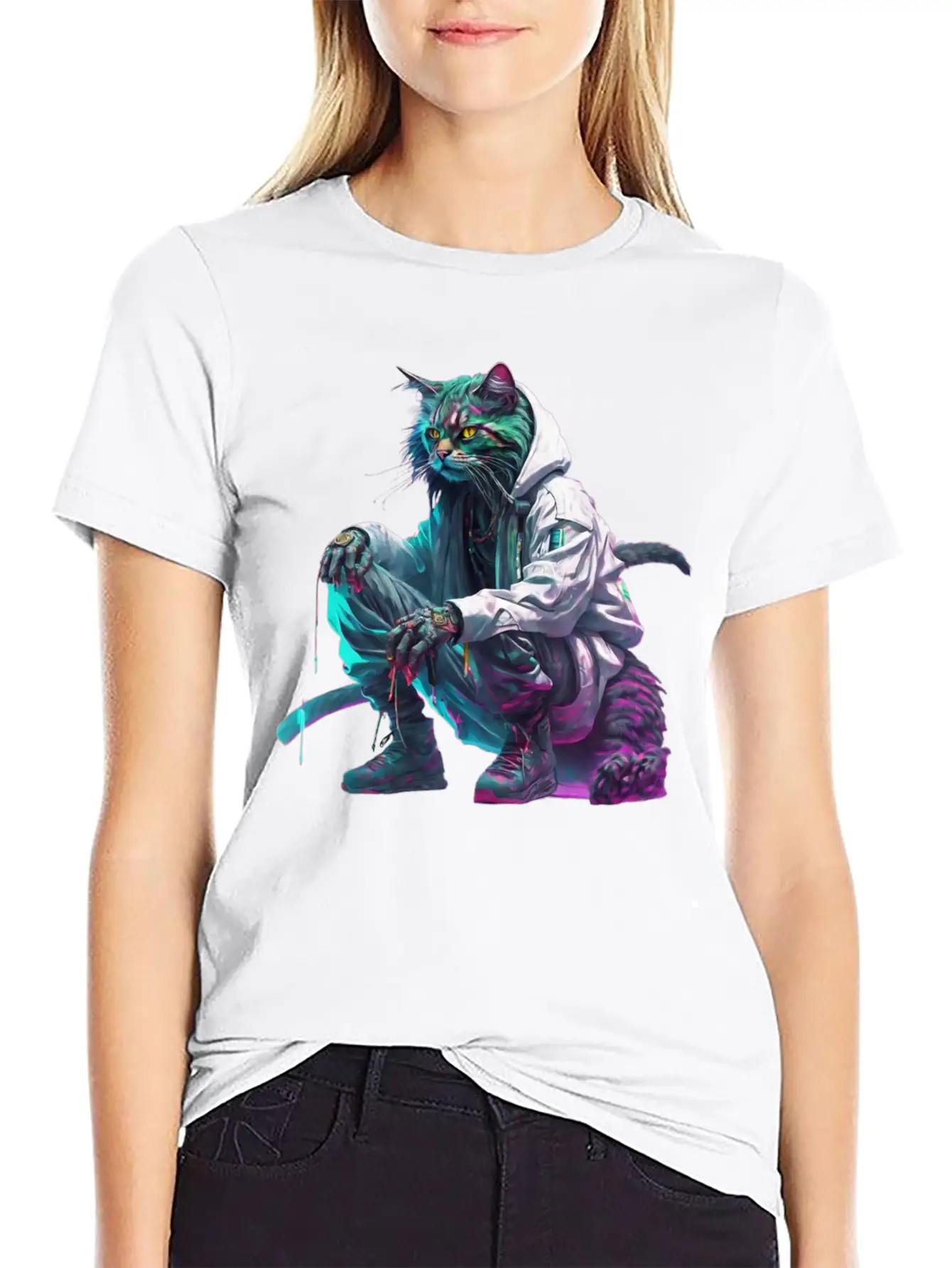 Techno Cosmic Cat Stylish Everyday T-Shirt – Unisex Basic Cotton Tee