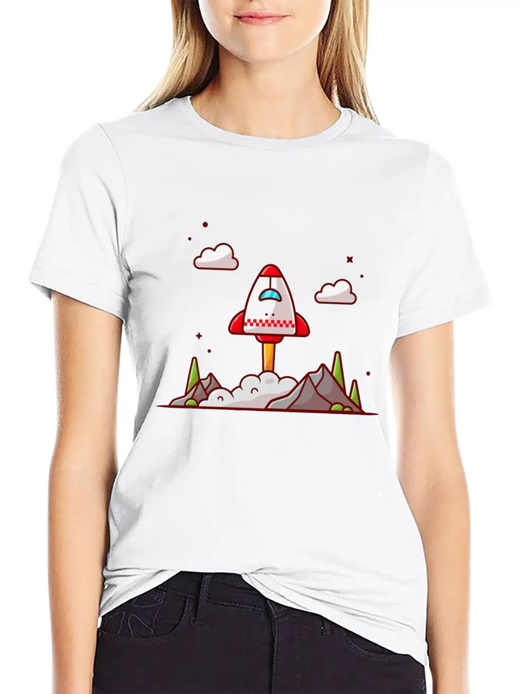 The Shuttle Takes Off With Mountain Cloud And Tree Unisex Short Sleeve Soft Cotton T-Shirt – Casual Everyday Wear