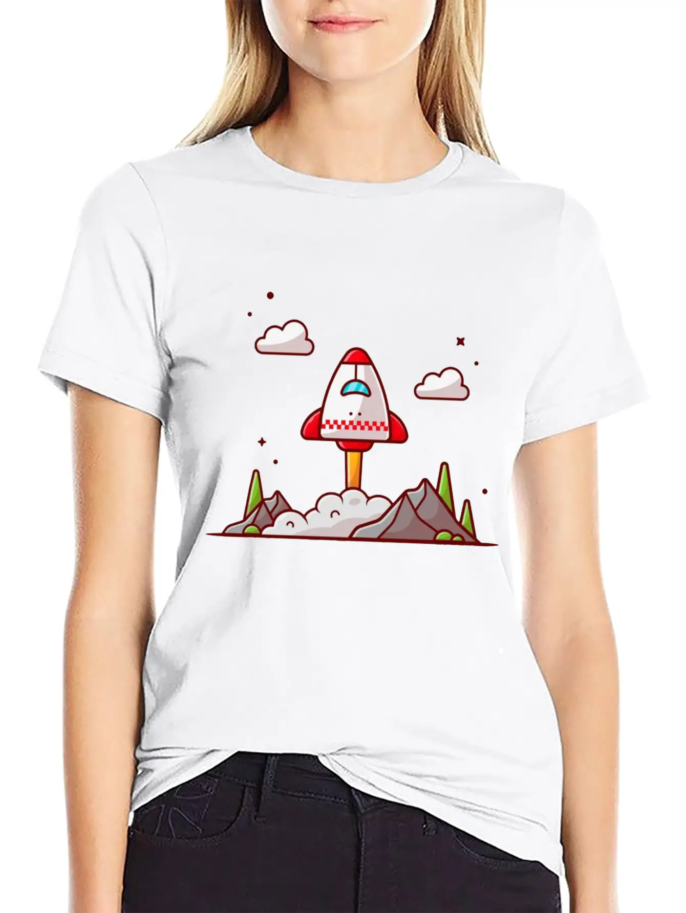 The Shuttle Takes Off With Mountain Cloud And Tree Unisex Short Sleeve Soft Cotton T-Shirt – Casual Everyday Wear