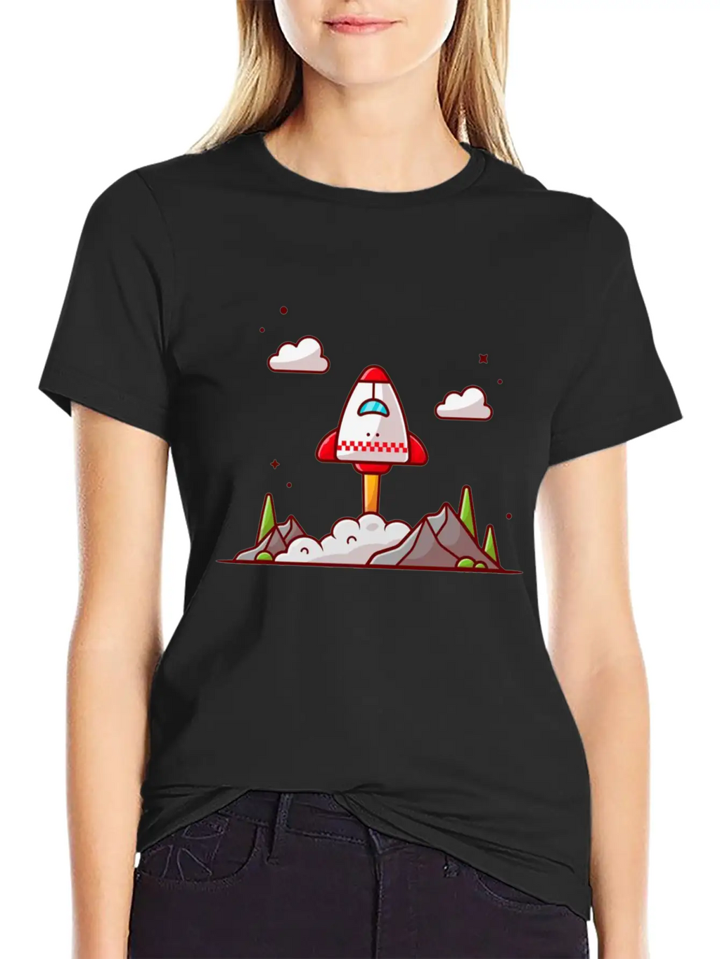 The Shuttle Takes Off With Mountain Cloud And Tree Unisex Short Sleeve Soft Cotton T-Shirt – Casual Everyday Wear
