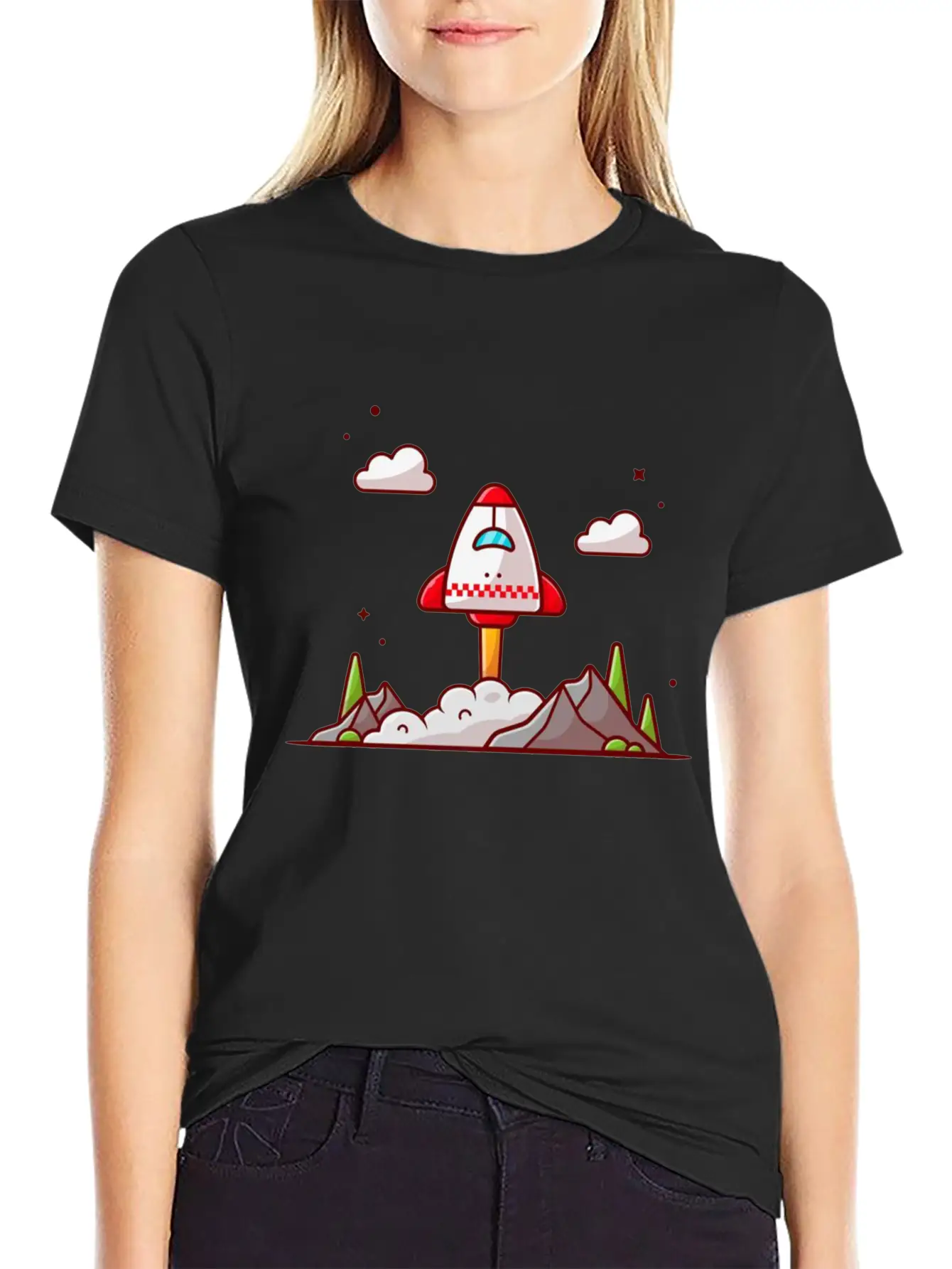 The Shuttle Takes Off With Mountain Cloud And Tree Unisex Short Sleeve Soft Cotton T-Shirt – Casual Everyday Wear