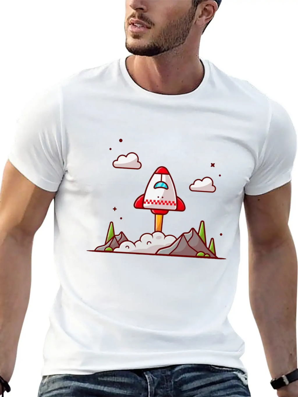 The Shuttle Takes Off With Mountain Cloud And Tree Unisex Short Sleeve Soft Cotton T-Shirt – Casual Everyday Wear