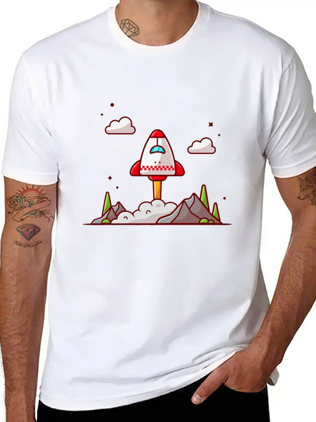 The Shuttle Takes Off With Mountain Cloud And Tree Unisex Short Sleeve Soft Cotton T-Shirt – Casual Everyday Wear