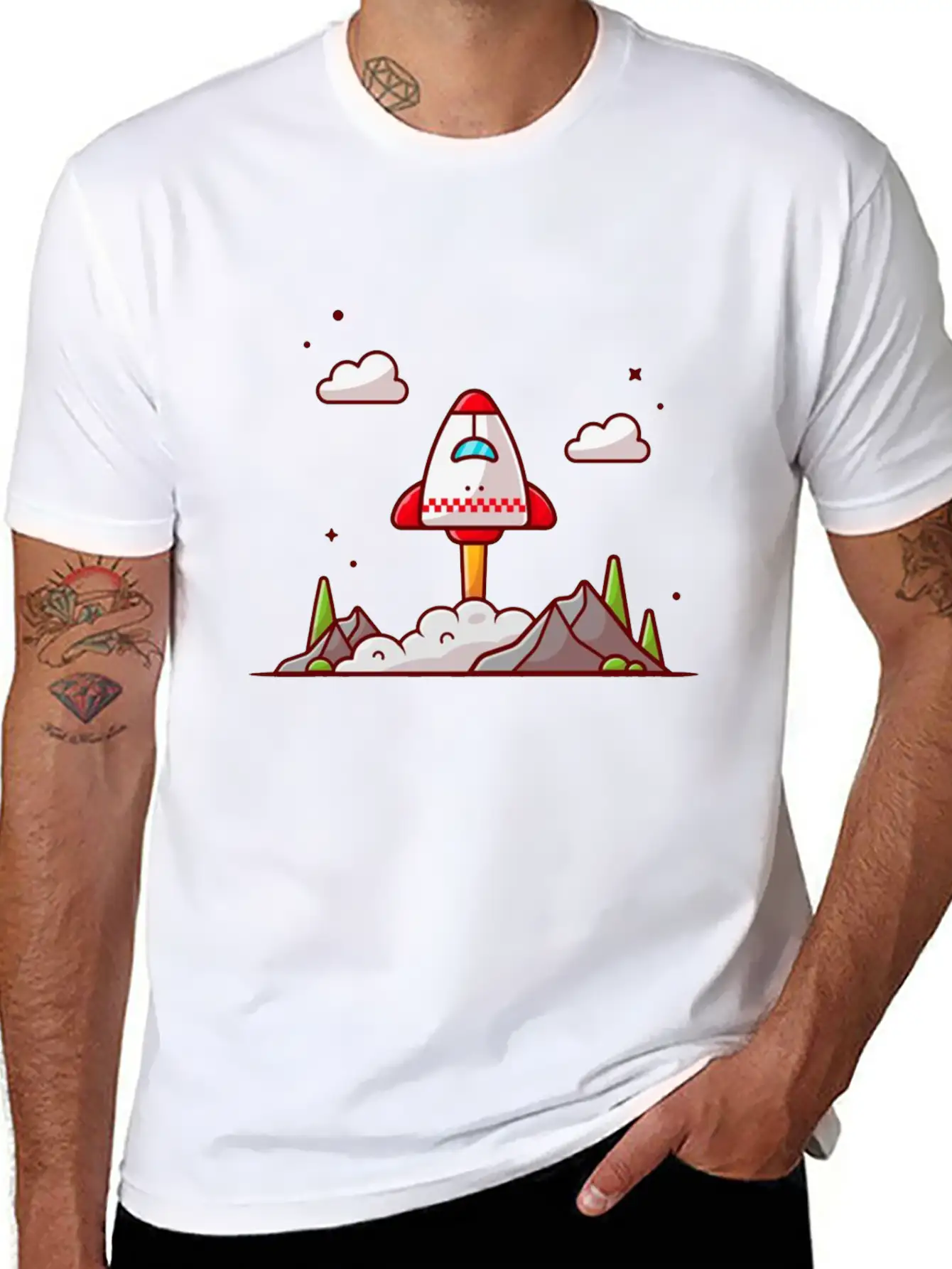 The Shuttle Takes Off With Mountain Cloud And Tree Unisex Short Sleeve Soft Cotton T-Shirt – Casual Everyday Wear