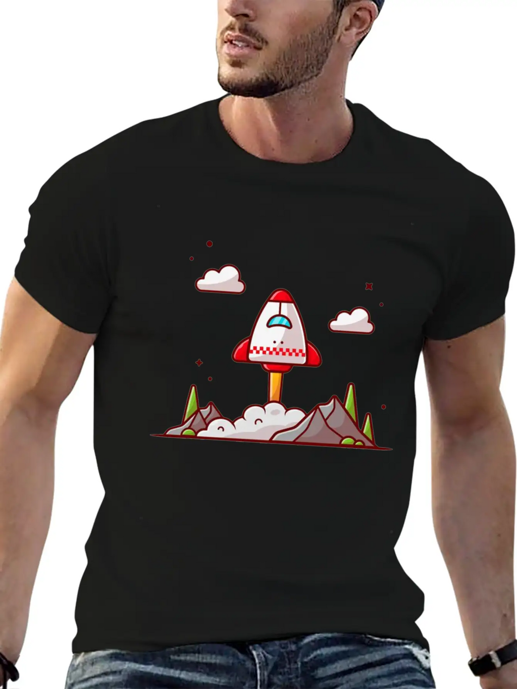 The Shuttle Takes Off With Mountain Cloud And Tree Unisex Short Sleeve Soft Cotton T-Shirt – Casual Everyday Wear