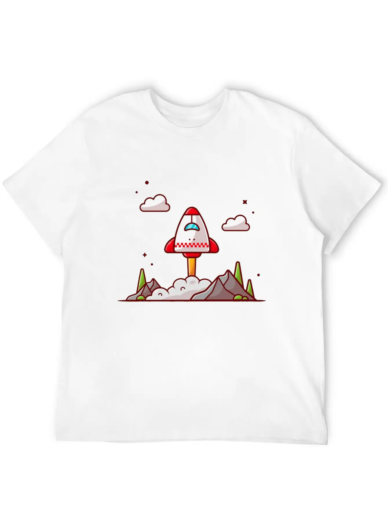 The Shuttle Takes Off With Mountain Cloud And Tree Unisex Short Sleeve Soft Cotton T-Shirt – Casual Everyday Wear