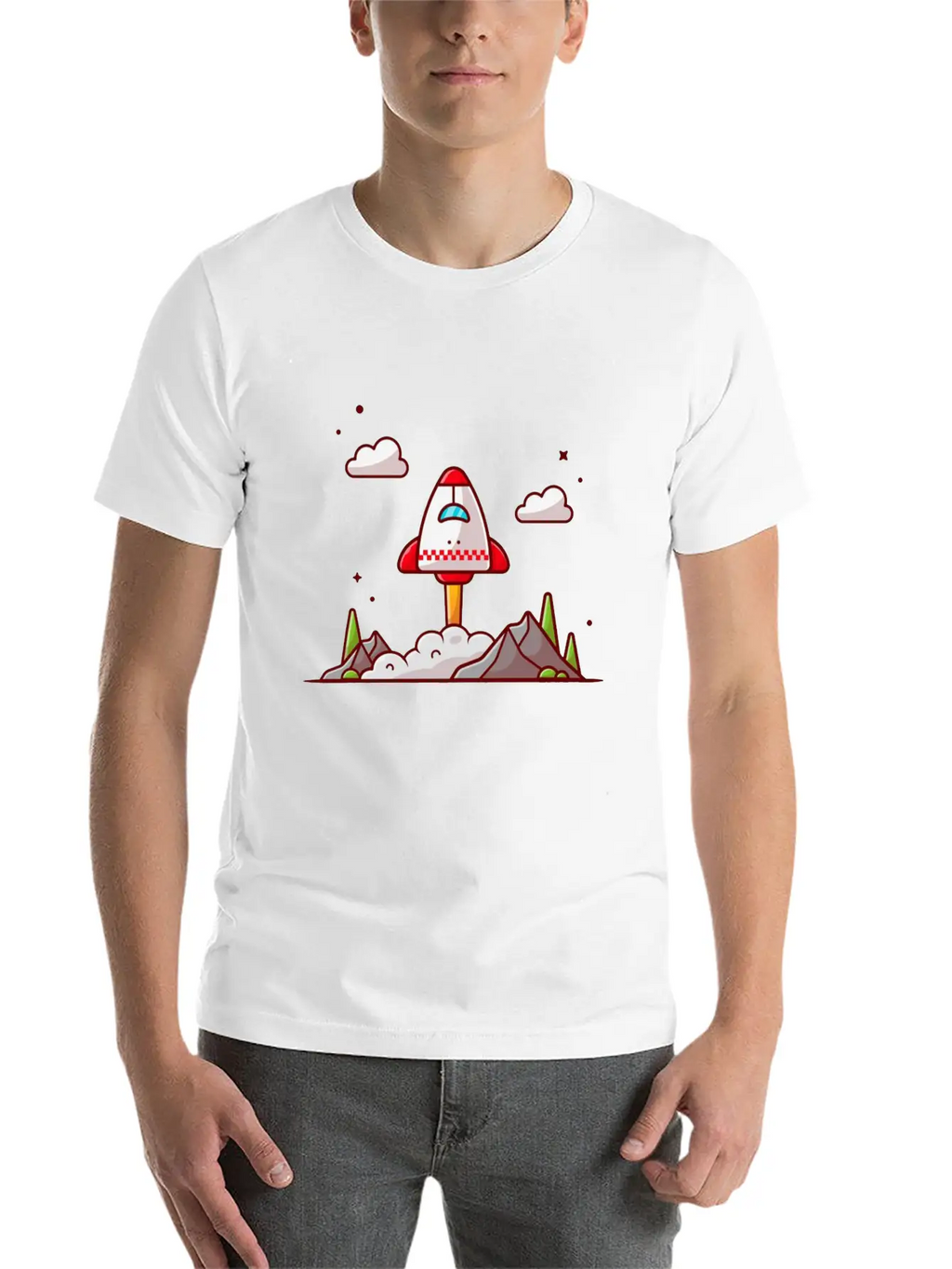 The Shuttle Takes Off With Mountain Cloud And Tree Unisex Short Sleeve Soft Cotton T-Shirt – Casual Everyday Wear