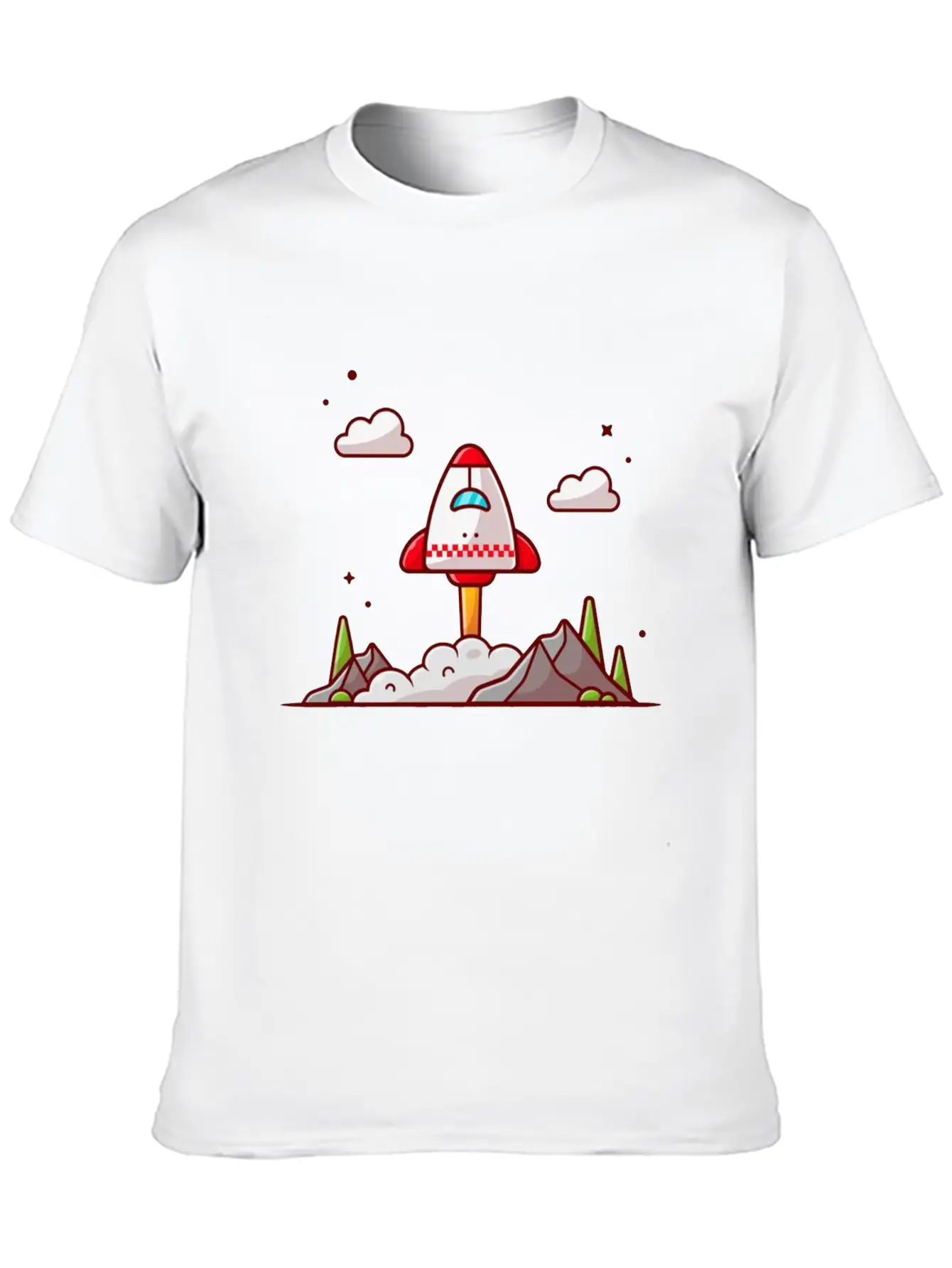 The Shuttle Takes Off With Mountain Cloud And Tree Unisex Short Sleeve Soft Cotton T-Shirt – Casual Everyday Wear