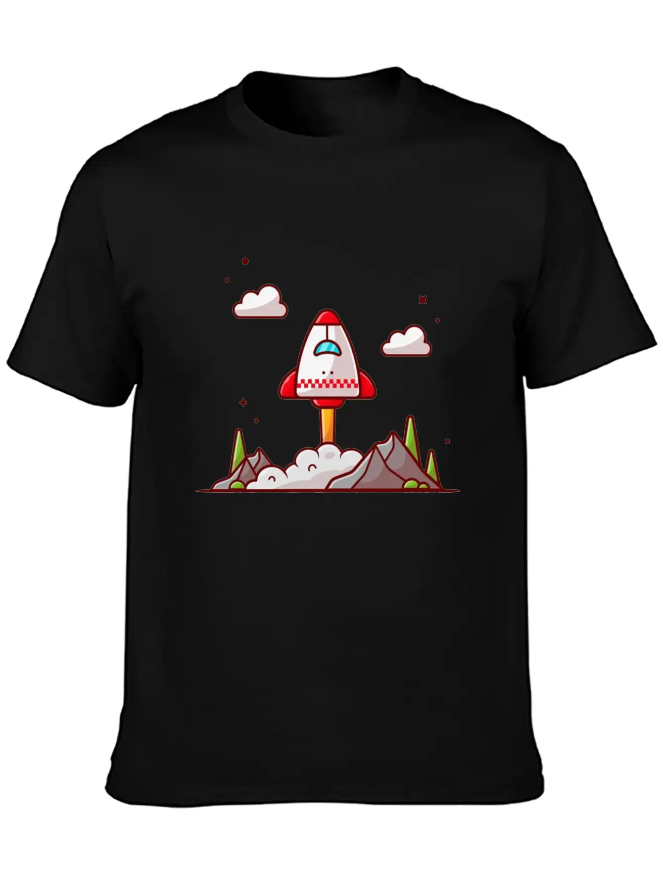 The Shuttle Takes Off With Mountain Cloud And Tree Unisex Short Sleeve Soft Cotton T-Shirt – Casual Everyday Wear