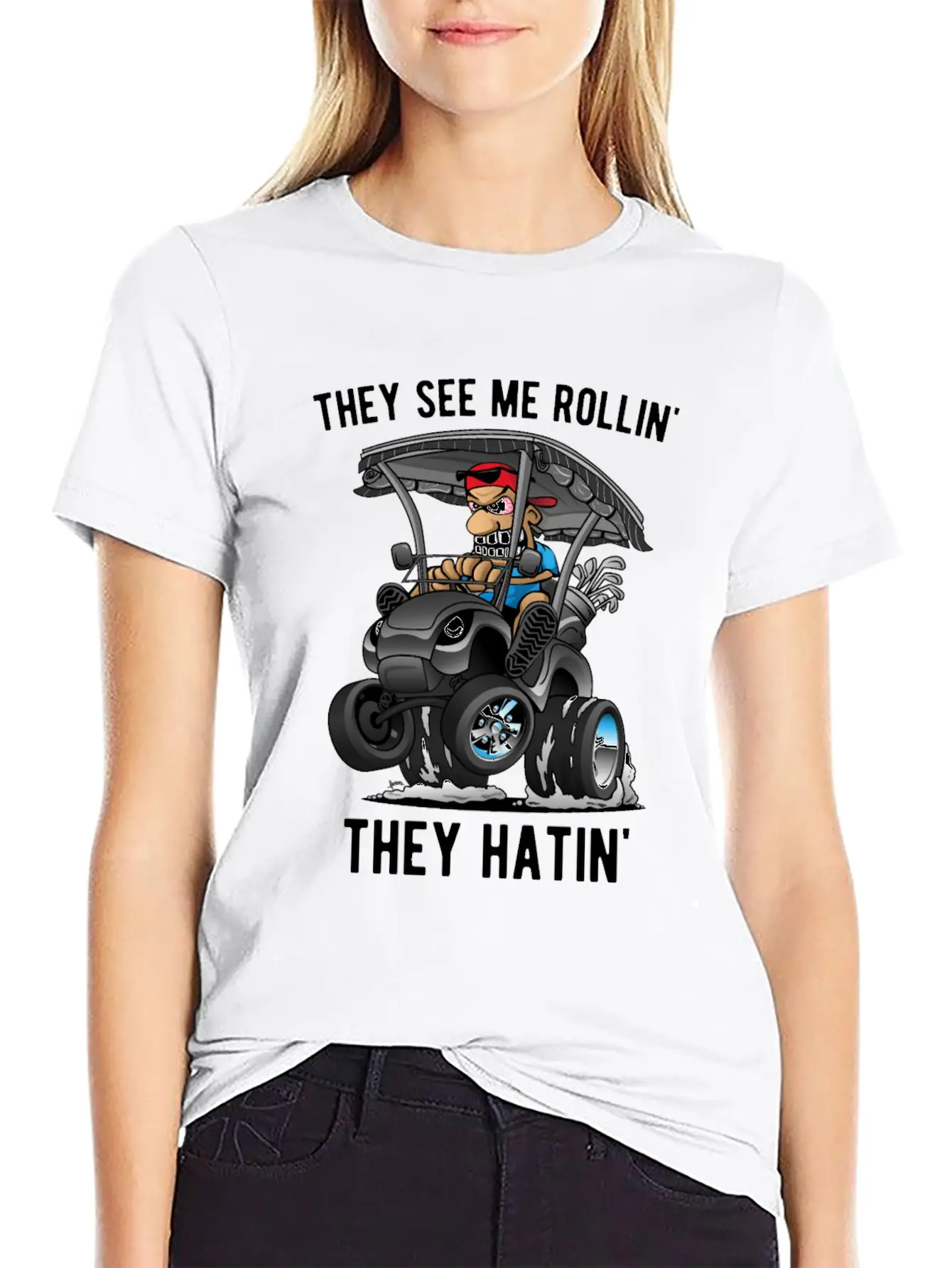 They See Me Rollin' They Hatin' Golf Cart Cartoon Unisex Casual T-Shirt – Clean Design For Daily Comfort