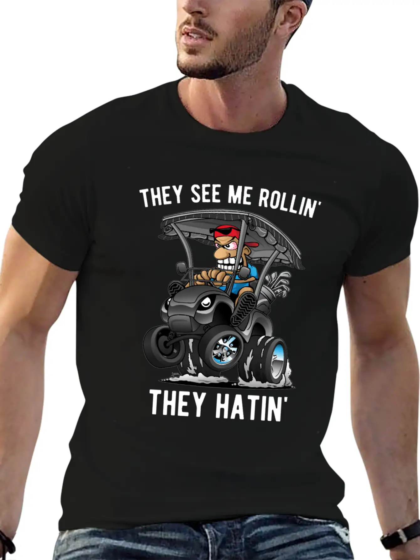 They See Me Rollin' They Hatin' Golf Cart Cartoon Unisex Casual T-Shirt – Clean Design For Daily Comfort