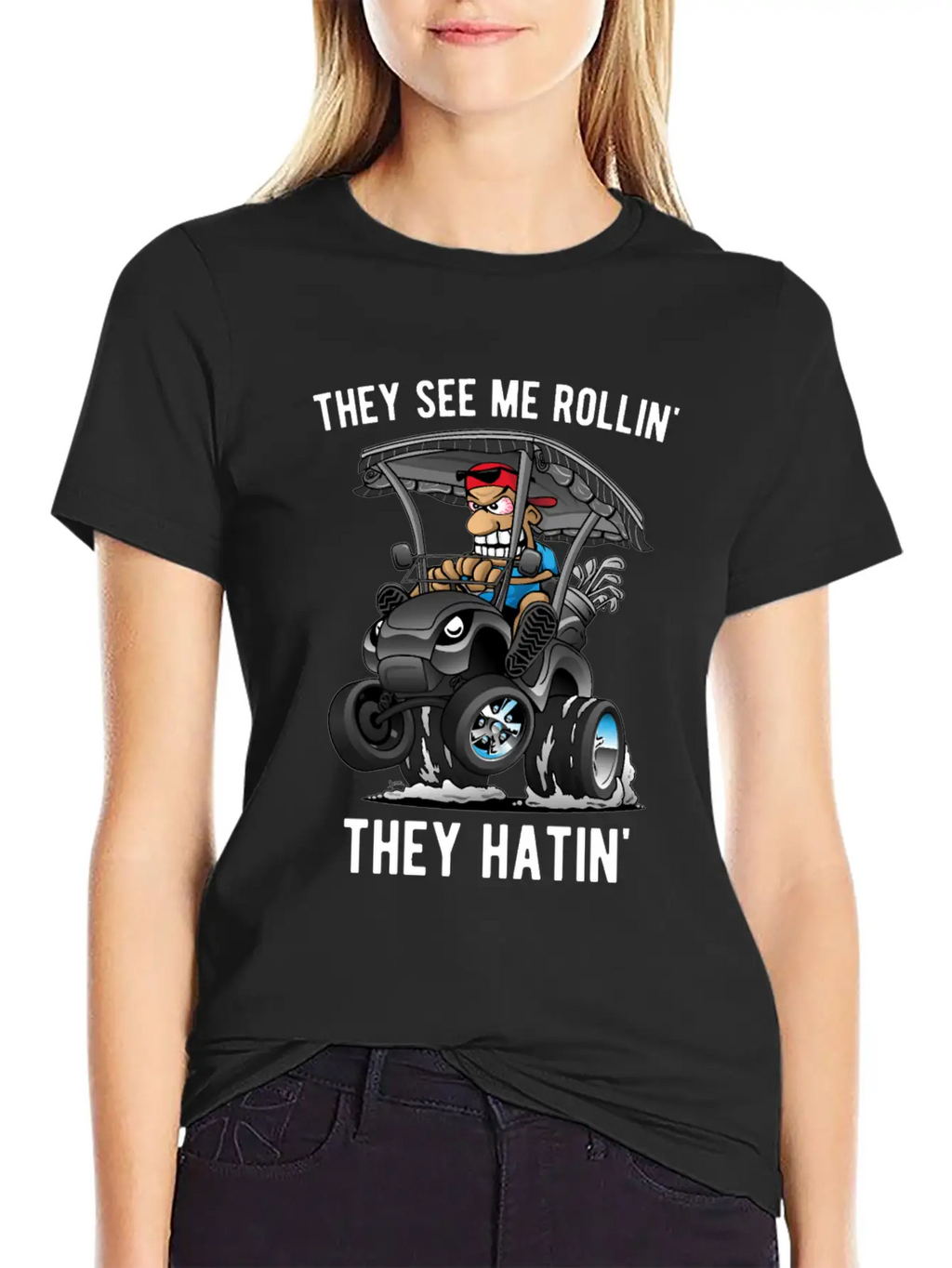 They See Me Rollin' They Hatin' Golf Cart Cartoon Unisex Casual T-Shirt – Clean Design For Daily Comfort