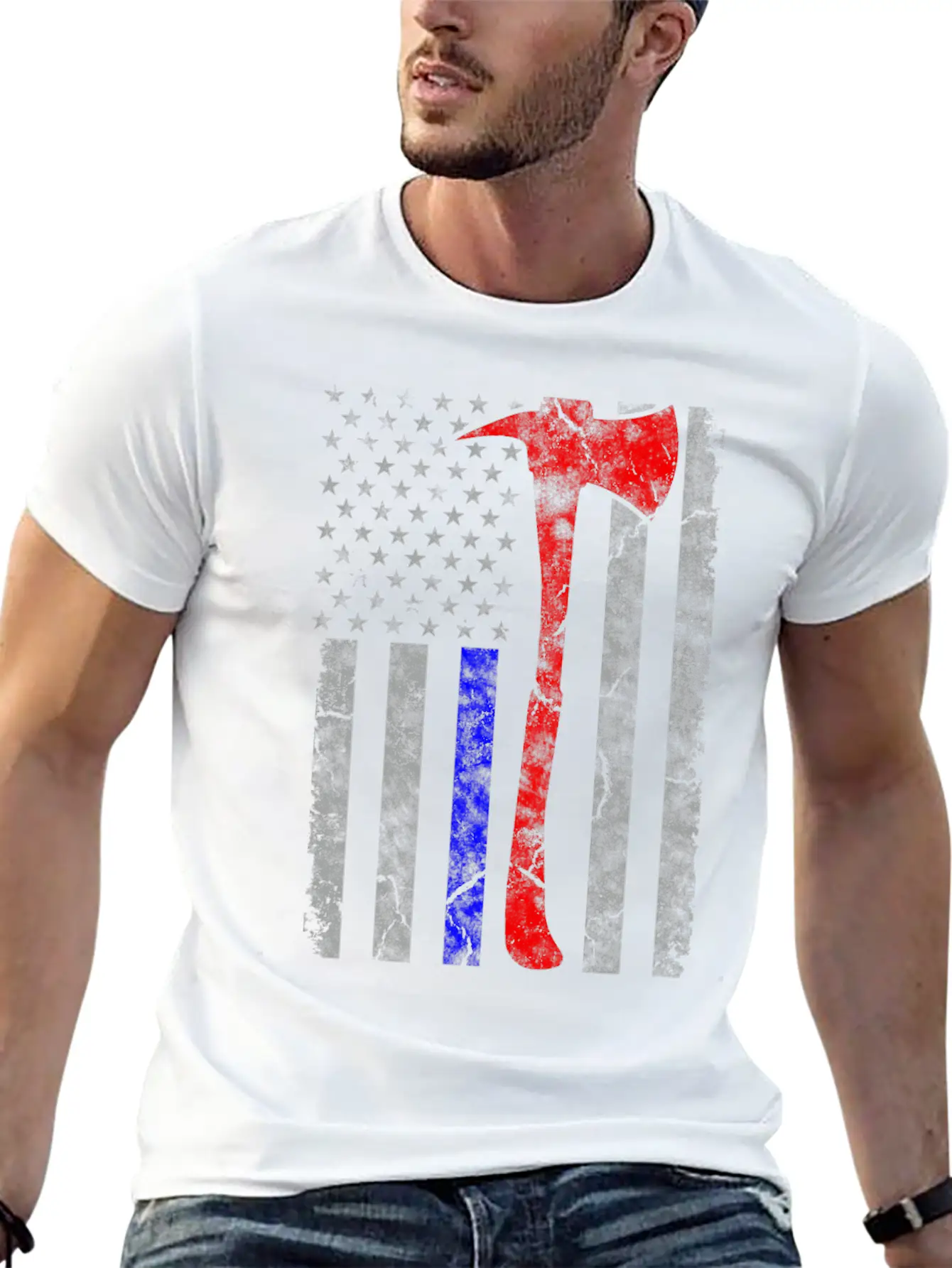 Thin Blue-Red Line Police Firefighter Axe Hook Essential Cotton Tee For Daily Outfits – Unisex Style