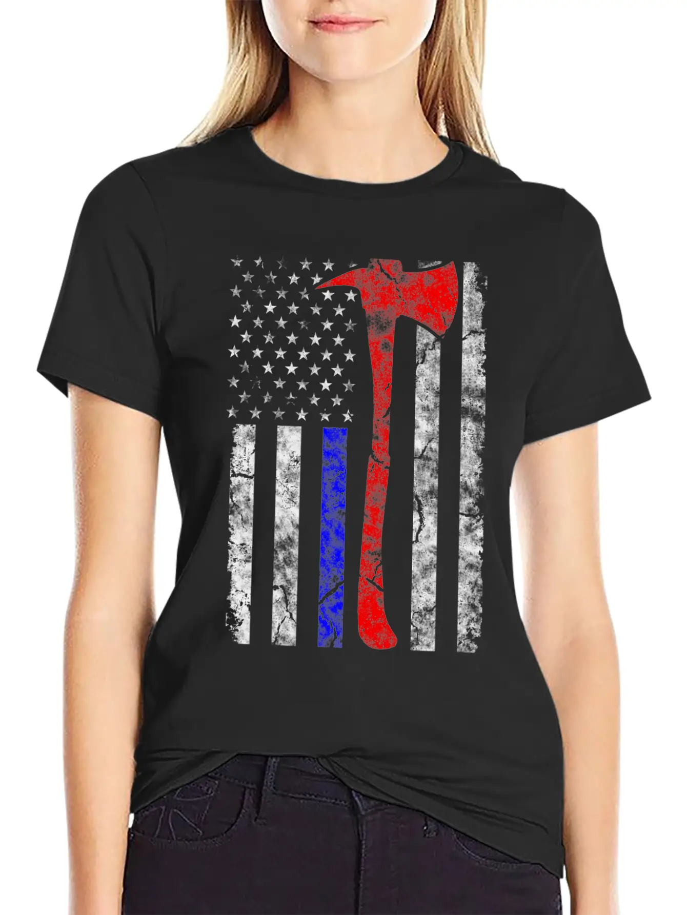 Thin Blue-Red Line Police Firefighter Axe Hook Essential Cotton Tee For Daily Outfits – Unisex Style