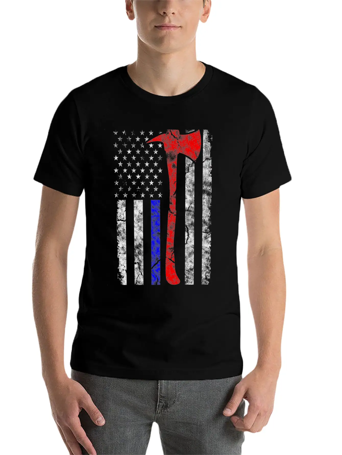 Thin Blue-Red Line Police Firefighter Axe Hook Essential Cotton Tee For Daily Outfits – Unisex Style