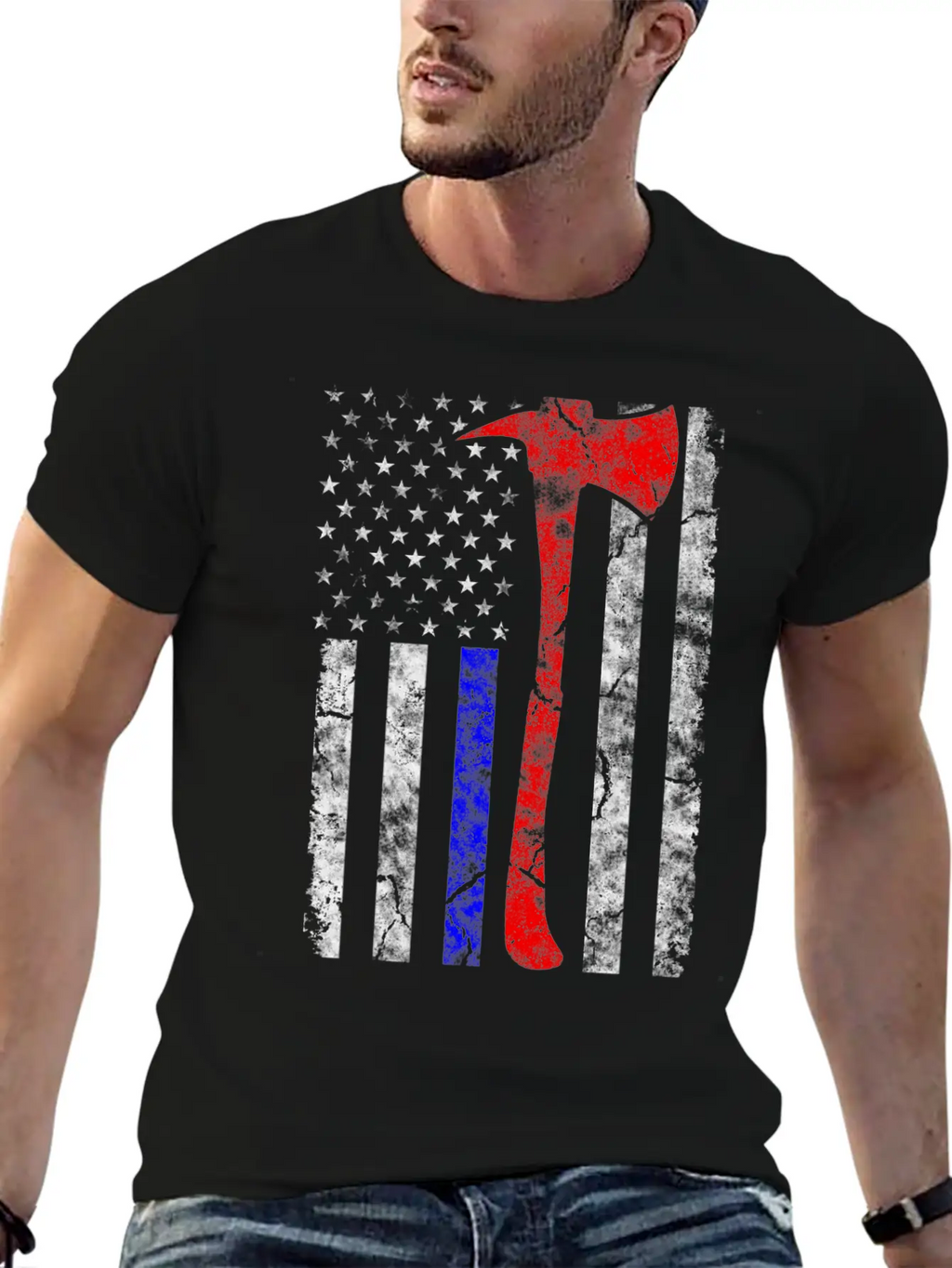 Thin Blue-Red Line Police Firefighter Axe Hook Essential Cotton Tee For Daily Outfits – Unisex Style