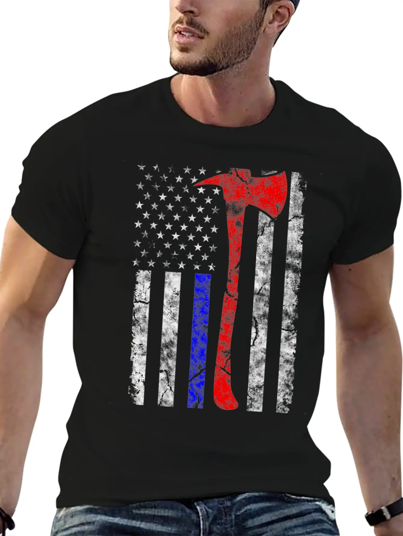 Thin Blue-Red Line Police Firefighter Axe Hook Essential Cotton Tee For Daily Outfits – Unisex Style